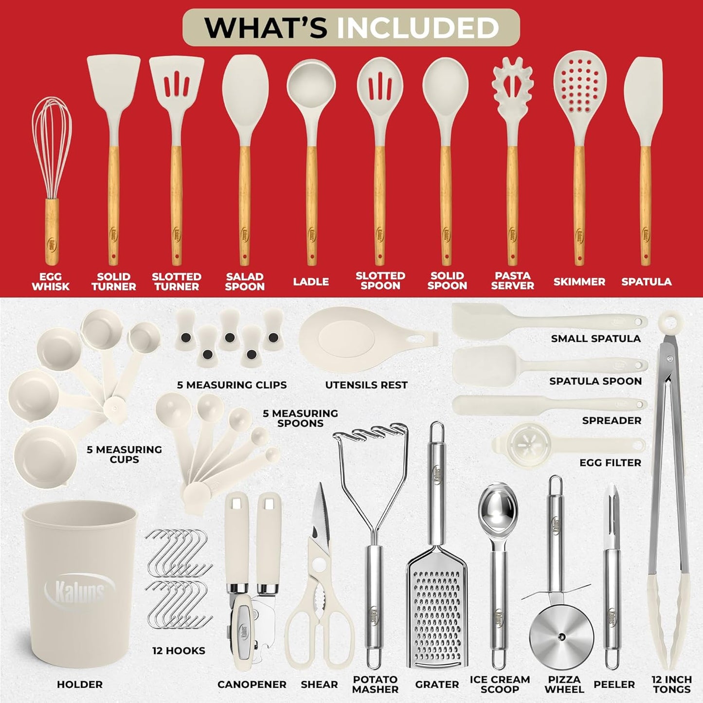 Kaluns 50 PCS Silicone Kitchen Utensils Set Complete Kitchen Set - 800°F Heat Resistant Non-Stick Premium Cooking Utensils W Wooden Handles - Can Opener, Masher, Turner, Silicone Spatula Set