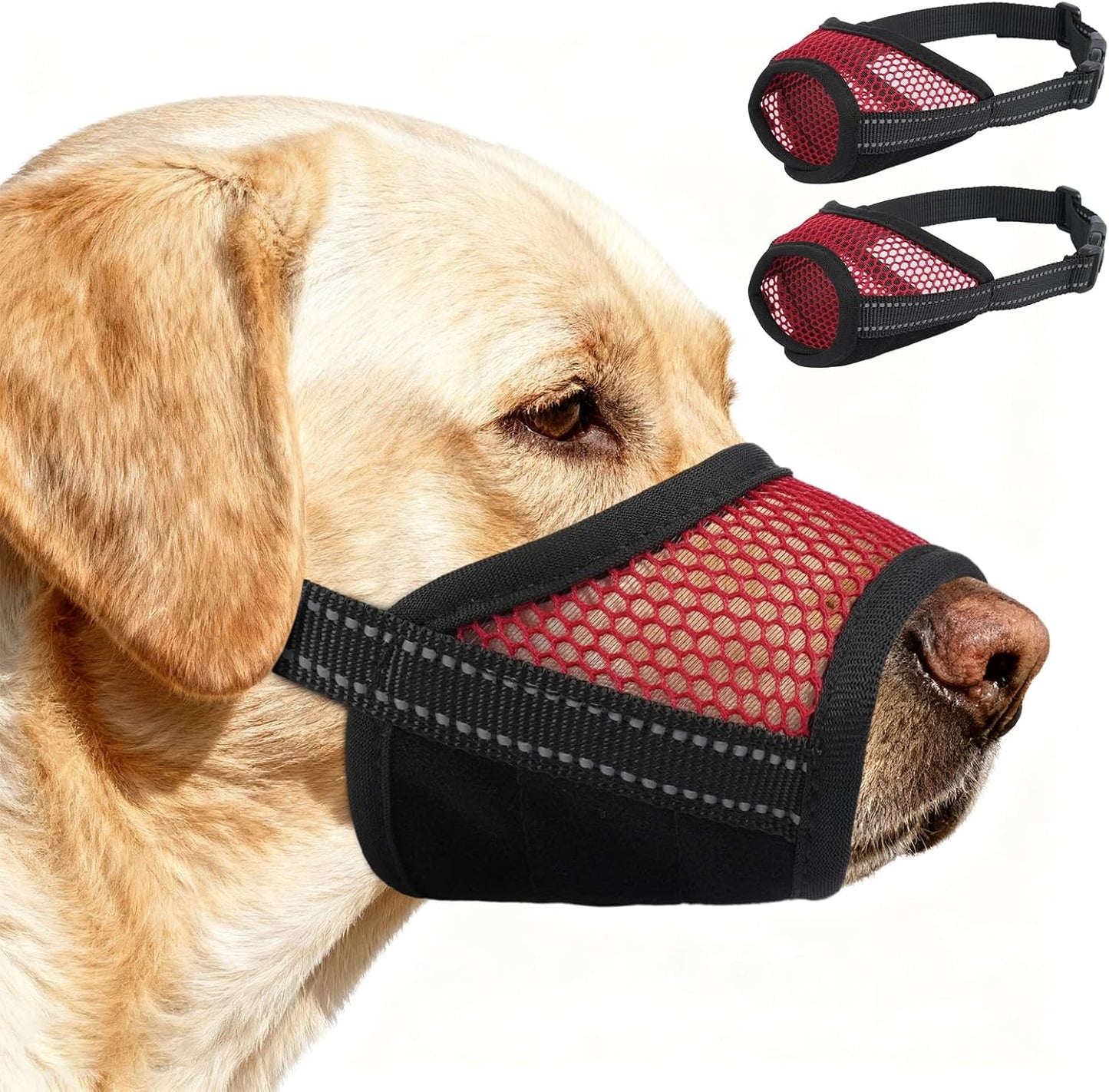 2 Pack Dog Muzzle,Mesh Soft Muzzle for Small Medium Large Sized Dog, Anti Barking Biting, Breathable Adjustable Drinkable，Mouth Cover for Grooming Training（Red, L