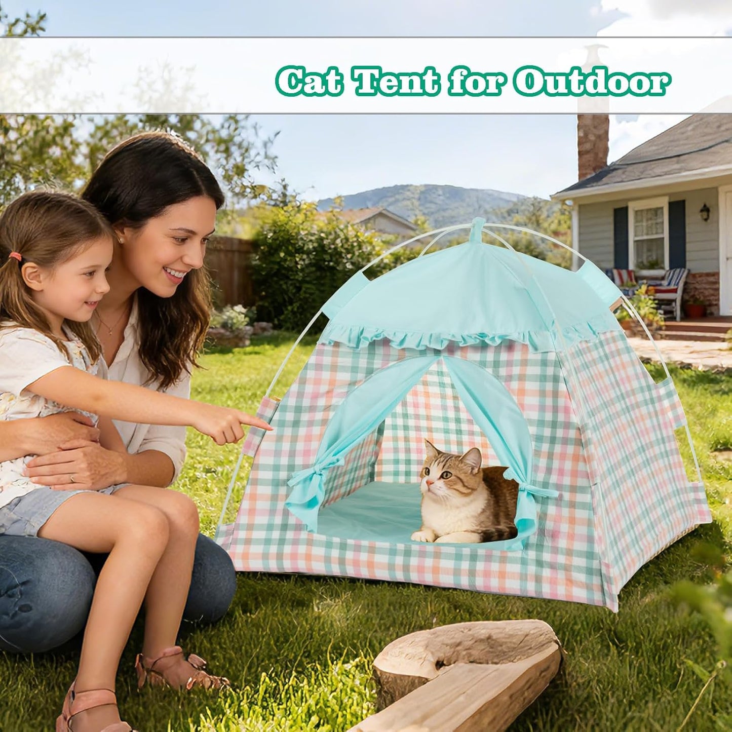 Foldable Cat Tent for Indoor & Outdoor Use - Features Breathable Mesh Fabric and a Stylish Denim Plaid Pattern | Perfect as Cat Tents, Cat House, or Puppy Tent