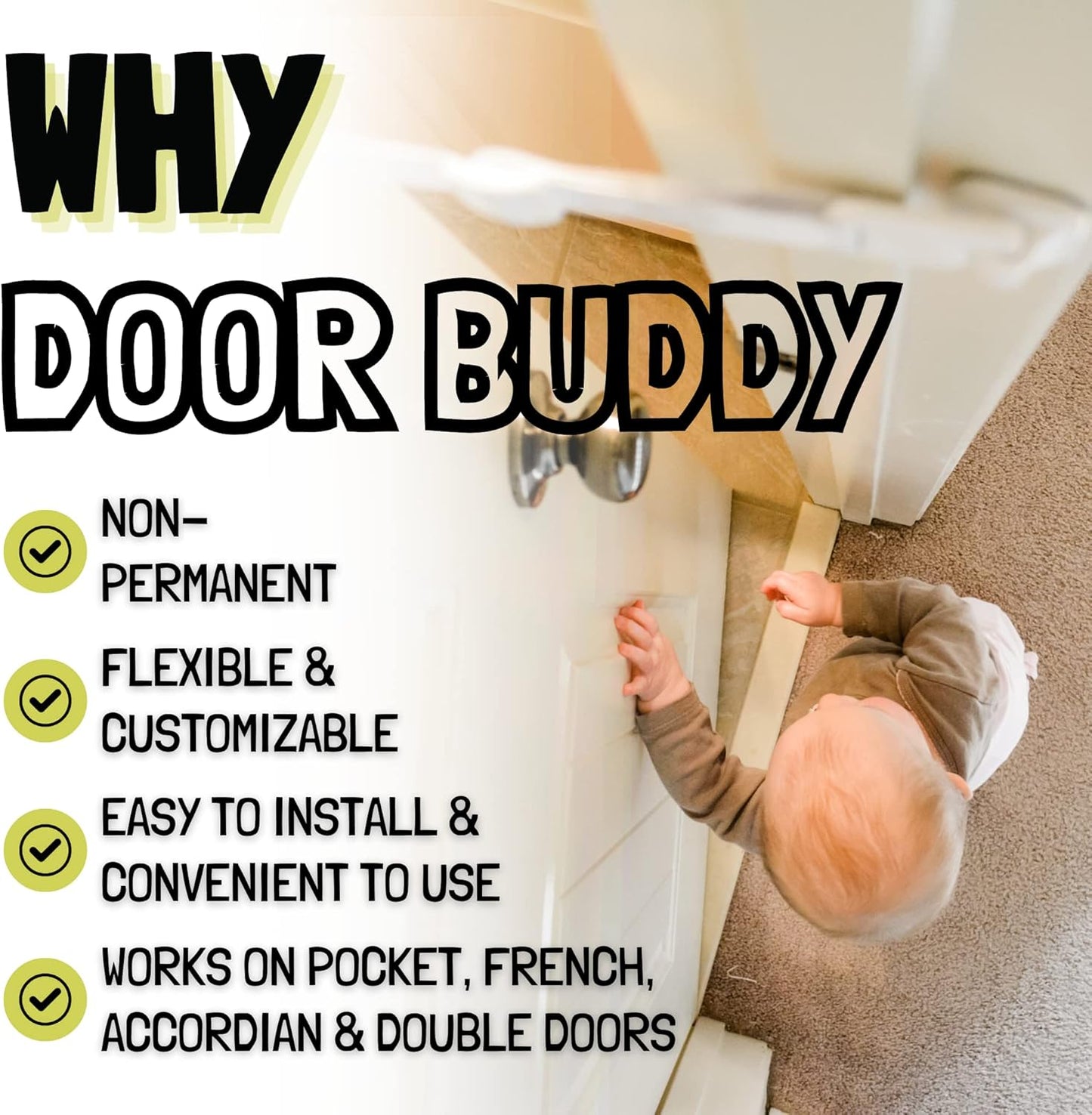 Door Buddy Baby & Cat Door Latch - Grey. Adjustable Strap Keeps Kids Out of Cat Areas. Simple Child Safety Lock for Doors. The Easier Baby Gate and Kitty Door Interior Alternative.
