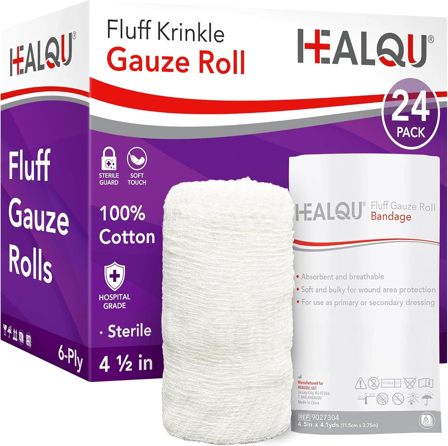 HEALQU Kerlix Type Gauze Bandage Rolls - 4 ½ in x 4.1 Yds, 6 Ply - 24 Single Sterile Pocuhes - Extra Absorbency, Latex Free, Hospital Grade Cotton Krinkle Fluff Bandage Wrap - Wound Care & First Aid