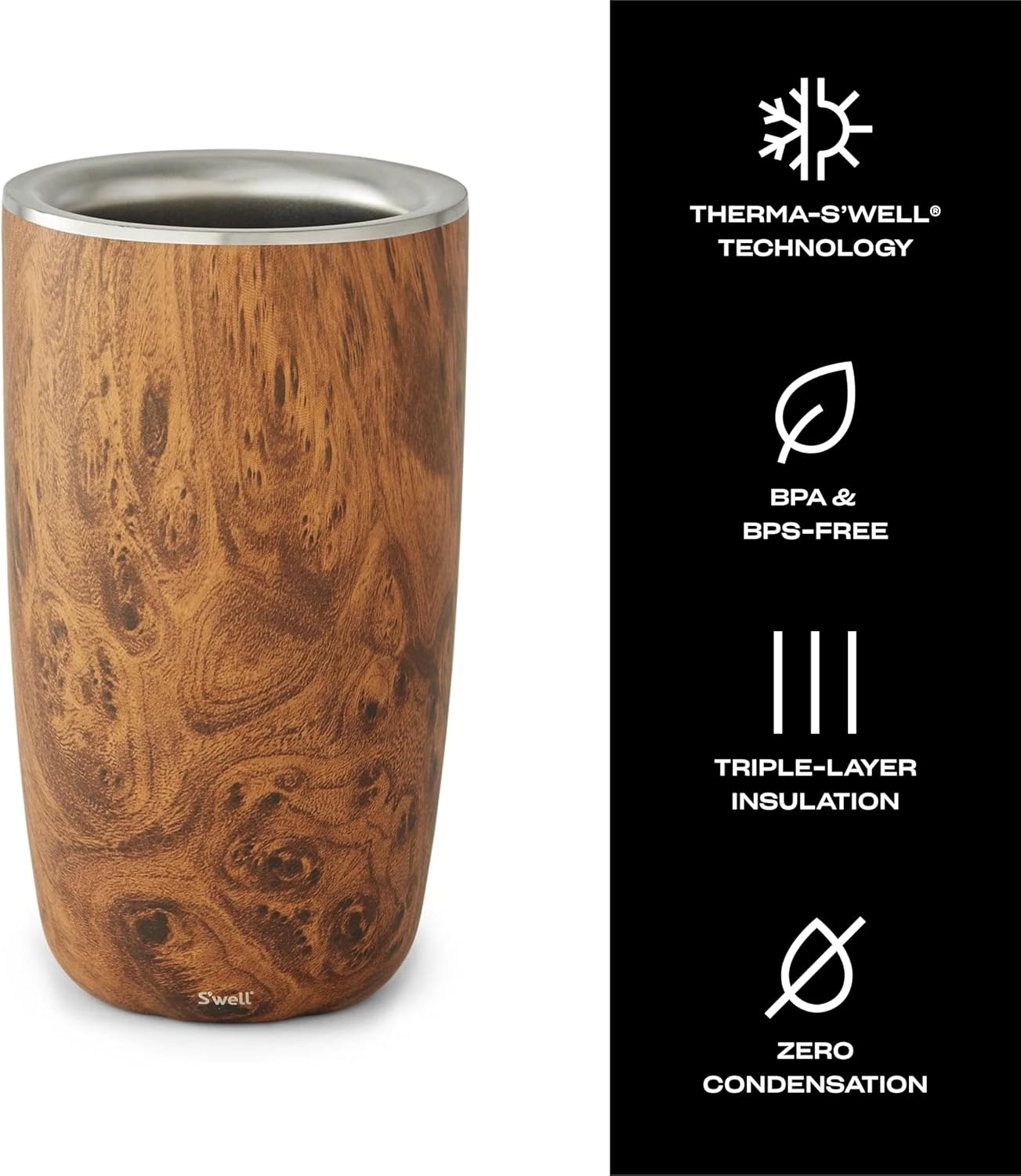 S'well Stainless Steel Wine Chiller, Holds 750ml Bottle, Teakwood, Triple Layered Vacuum Insulated Container Keeps Bottles Chilled for Longer, BPA Free Barware