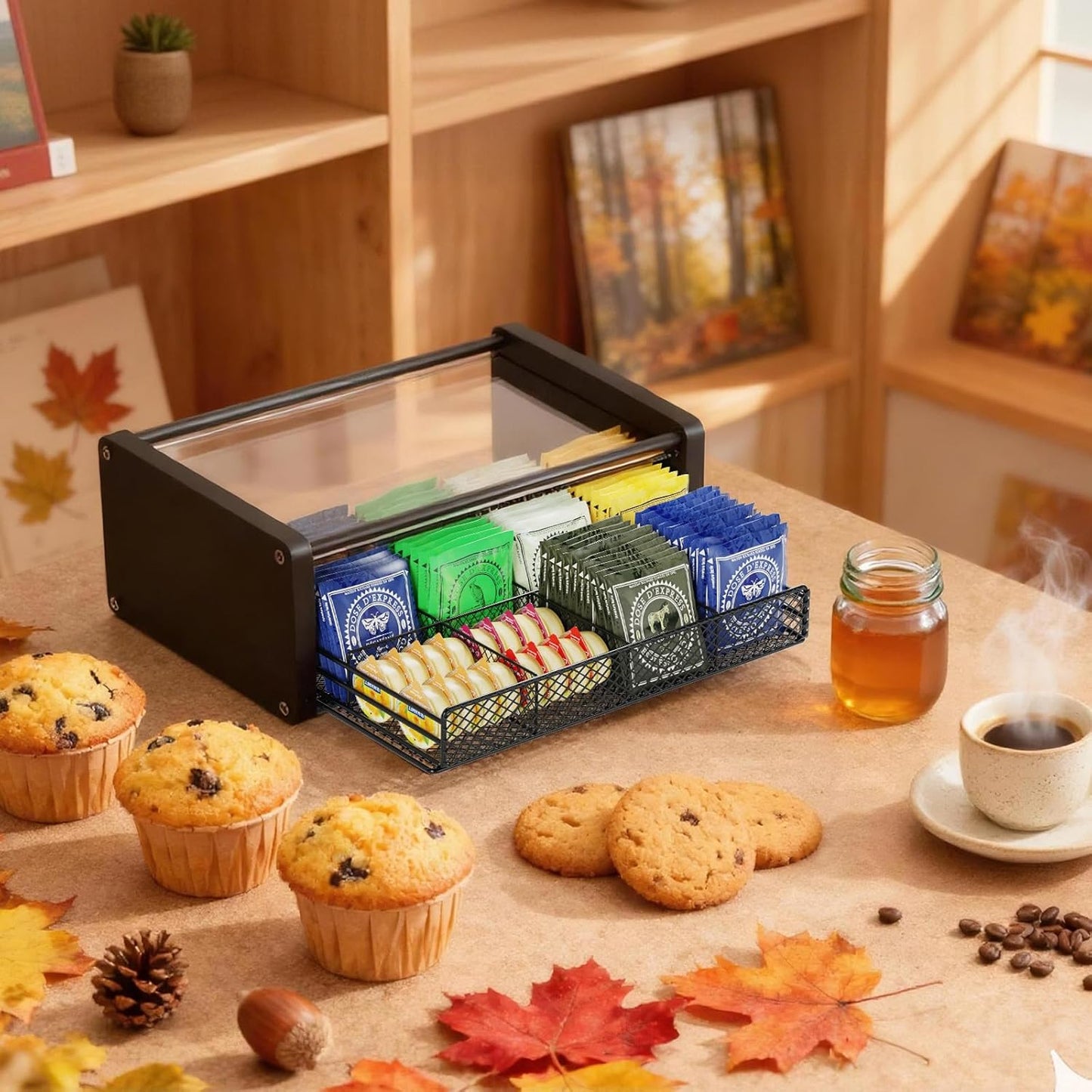 Tea Bag Organizer, Tea Organizer and Storage with Drawers, Tea Bag Holder with Divided Compartments, Wooden Kitchen Organizers and Storage for Kitchen, Countertop, Office, Tea Station