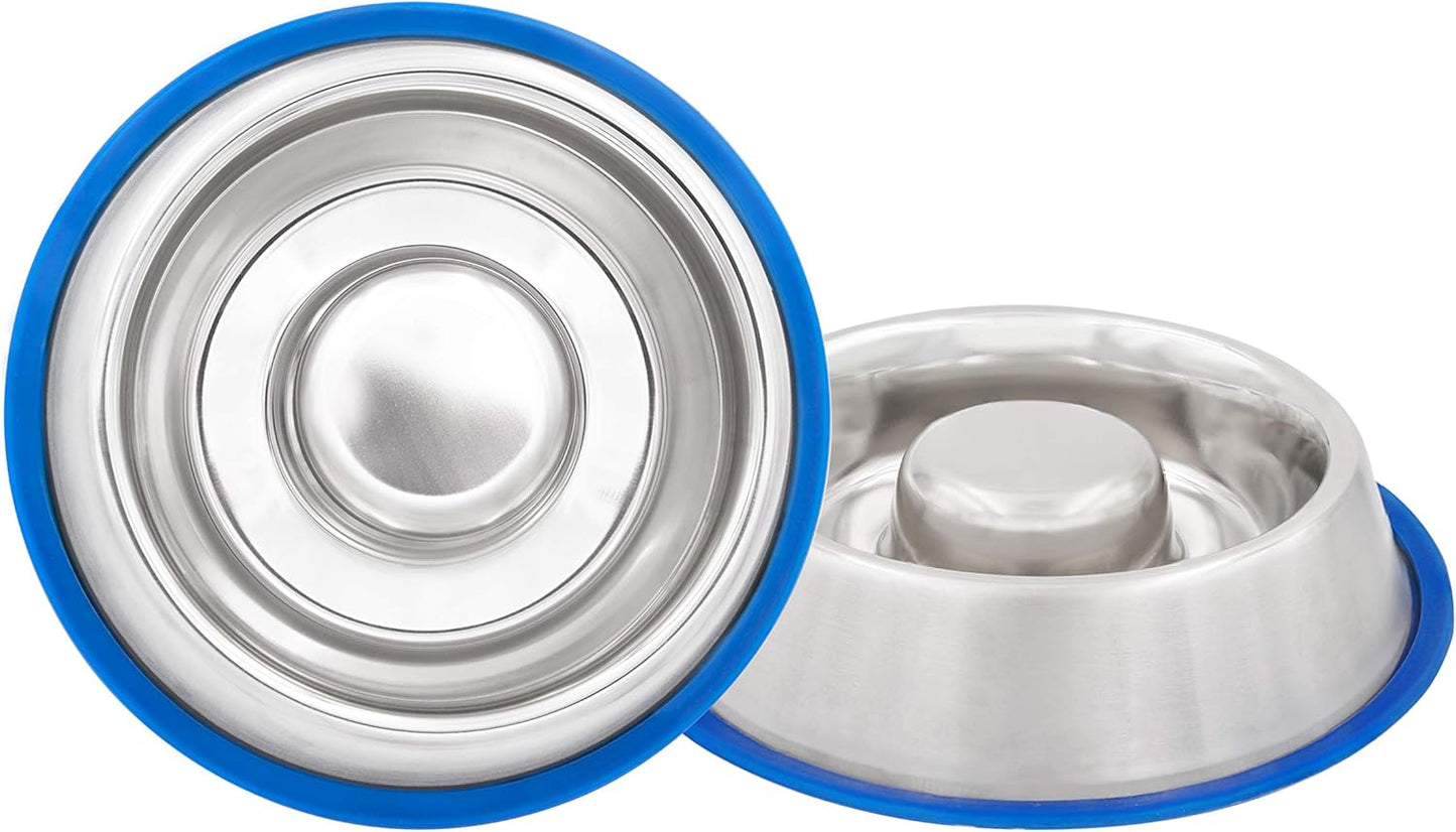 Fuzzy Puppy Slow Feeder Dog Bowl with Non-Slip Rubber Base for Dogs & Cats, Holds Food, Water & Treats, Metallic Silver Stainless Steel, 18oz (SFD-S)