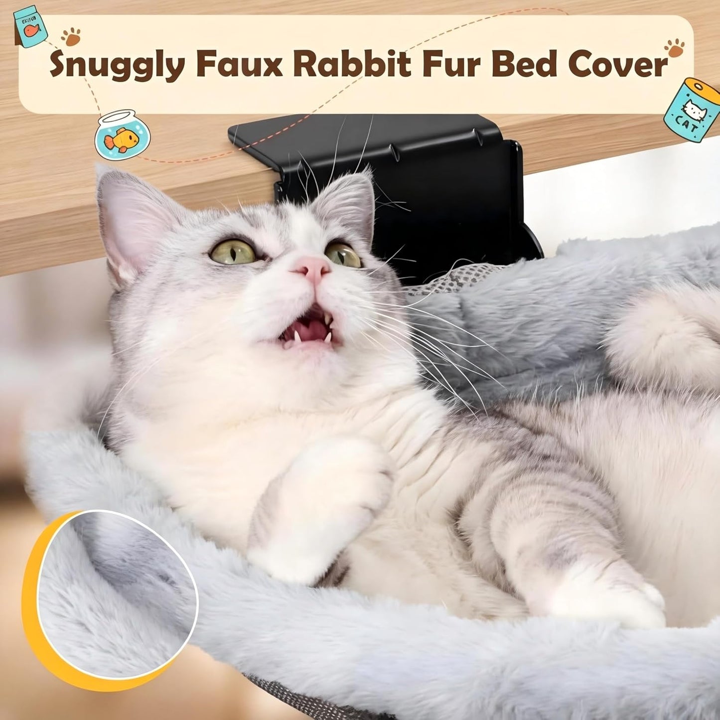Plush Round Desk Mounted Cat Bed with Interactive Toys – Clamp-On Cat Hammock for Desk, Adjustable Elevated Cat Bed for Desk Supports up to 25 lbs.