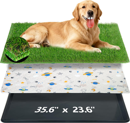 Reusable Dog Loo System with Artificial Grass Turf&Pee Pads&Tray, for Puppy Potty Training is Portable&Easy to Clean,35x23in Large Dog Litter Box Toilet for Indoor/Outdoor use（Large）