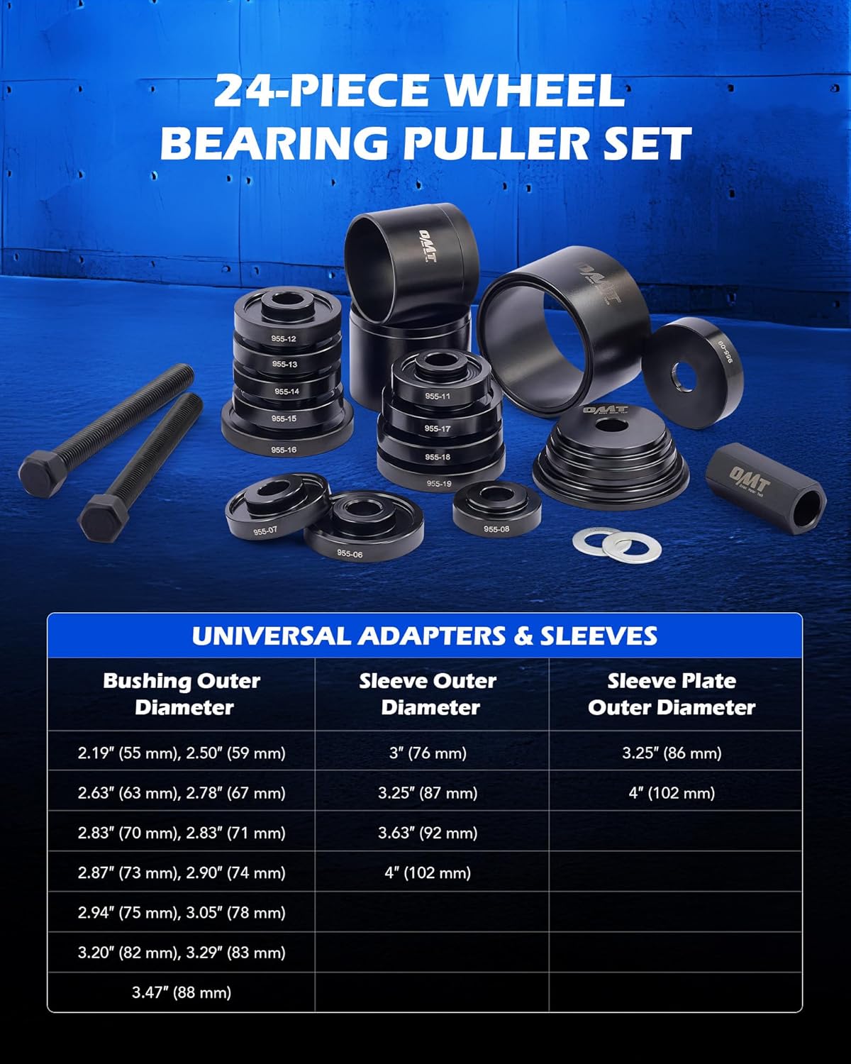 Orion Motor Tech Wheel Bearing Press Kit for Front Wheel Drive Bearing Removal & Installation, 24pc Wheel Bearing Puller Tool Set with Sliding Screws Universal Bushings Sleeves Storage Case