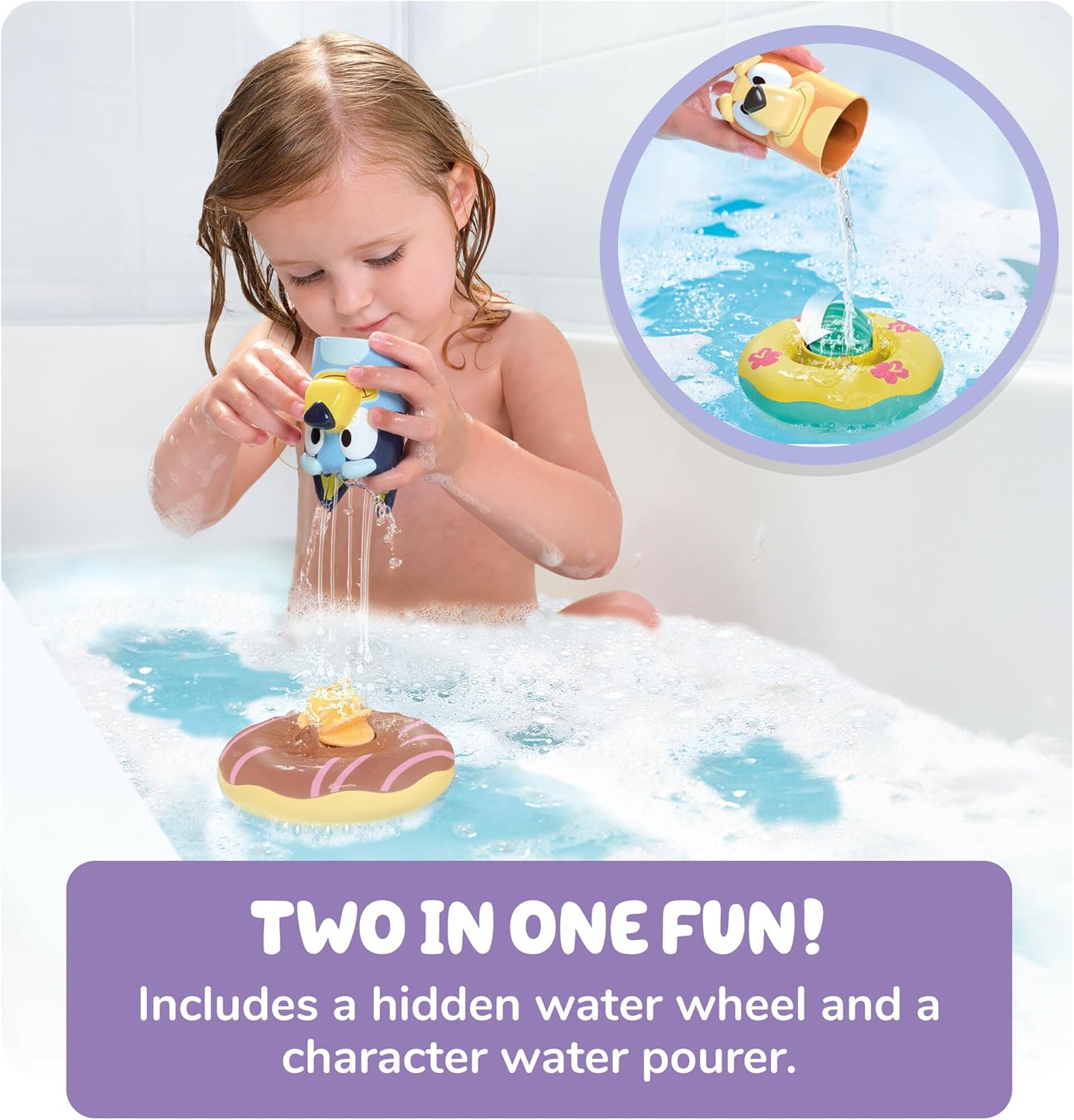 TOMY Toomies Splash & Float Bingo and Bluey Water Toys - 2-in-1 Toddler Bath & Pool Play Set with Pour Cups & Water Wheels - Ages 18 Months+