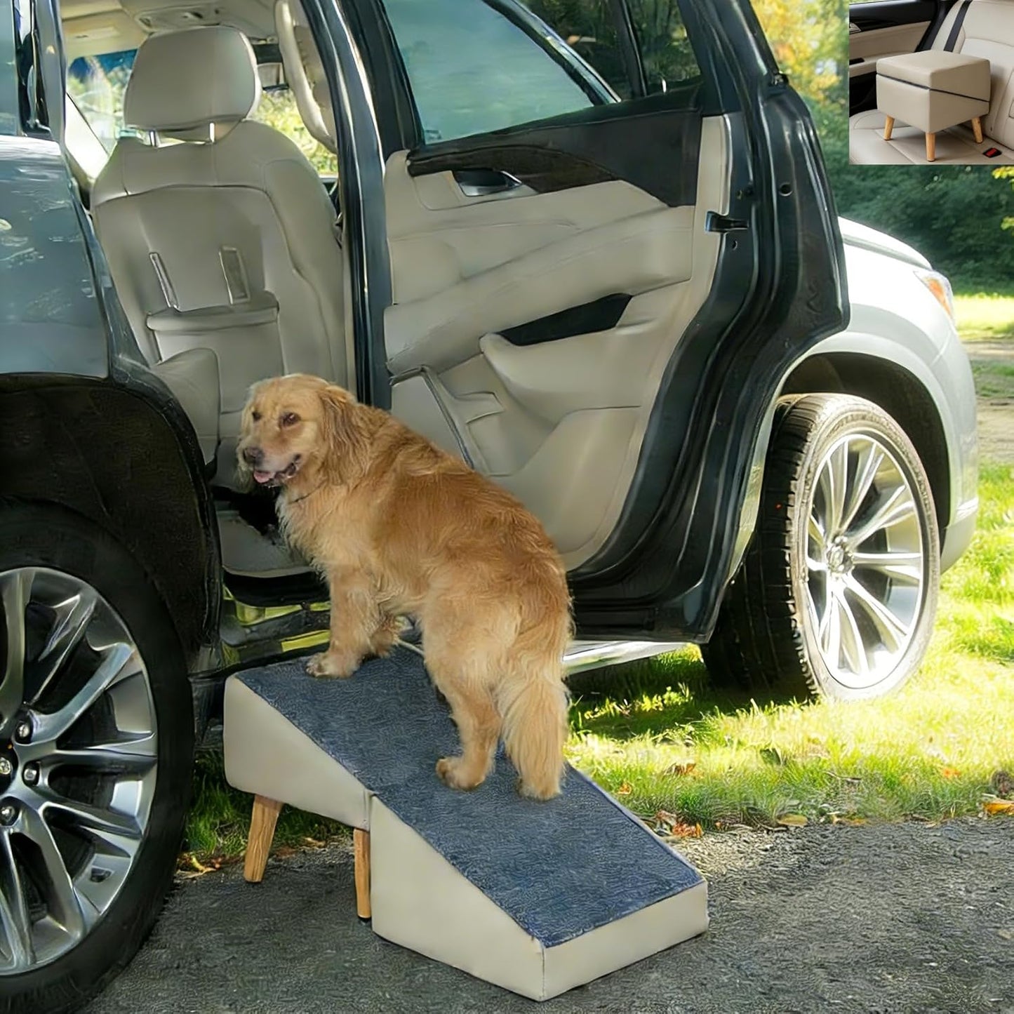 Foldable Dog Ramp Split Ottoman Outdoor seat footrest Stool Couch Sofa Furniture Car SUV RV Side Door, Small Medium Senior Injured cat Step Stair to Porch, Large Steady pet ramp (Light Grey, Large)