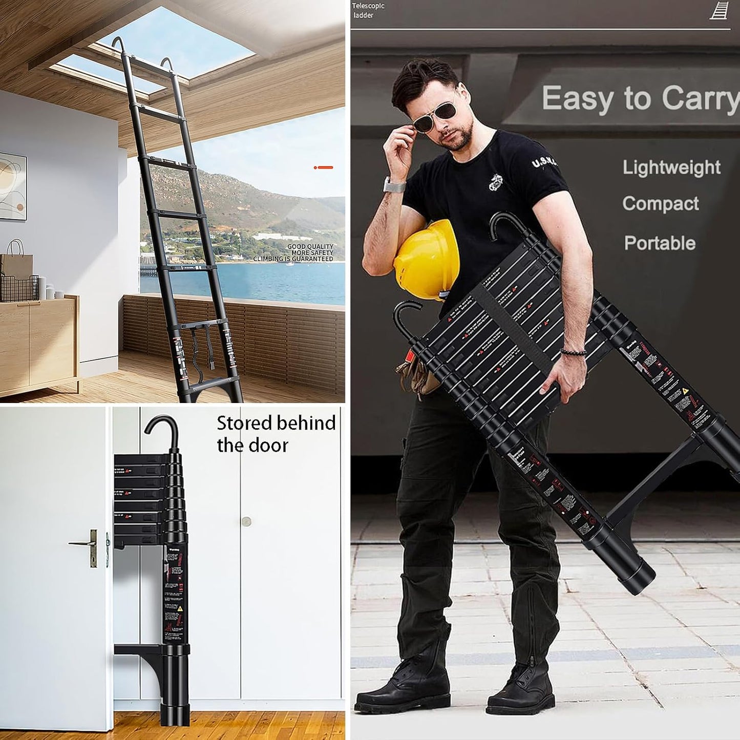 Telescoping Ladder 12.5 FT - Aluminum Telescopic Ladder with Hooks - Folding Extension Ladders for Home Work Loft Roof Attic RV Ladder with EN131 Certification - 330lbs Max Capacity (Black)