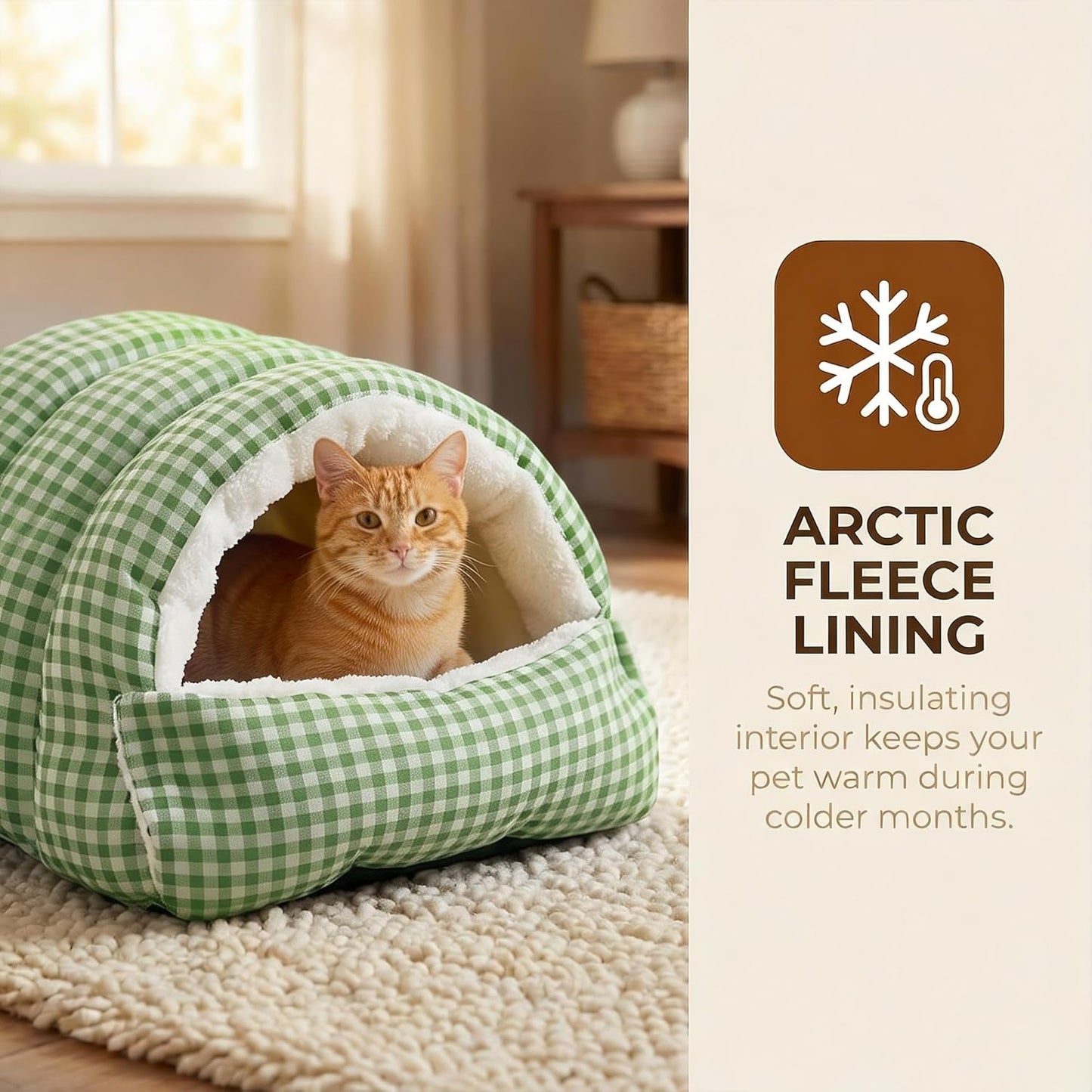 Small Cat Dog Cave Bed Calming Pet Nest Warm Plush Covered Cat House with Hooded Blanket Removable Hooded Blanket Cushion Washable Soft Calming Indoor Cat Bed(Green, Small)
