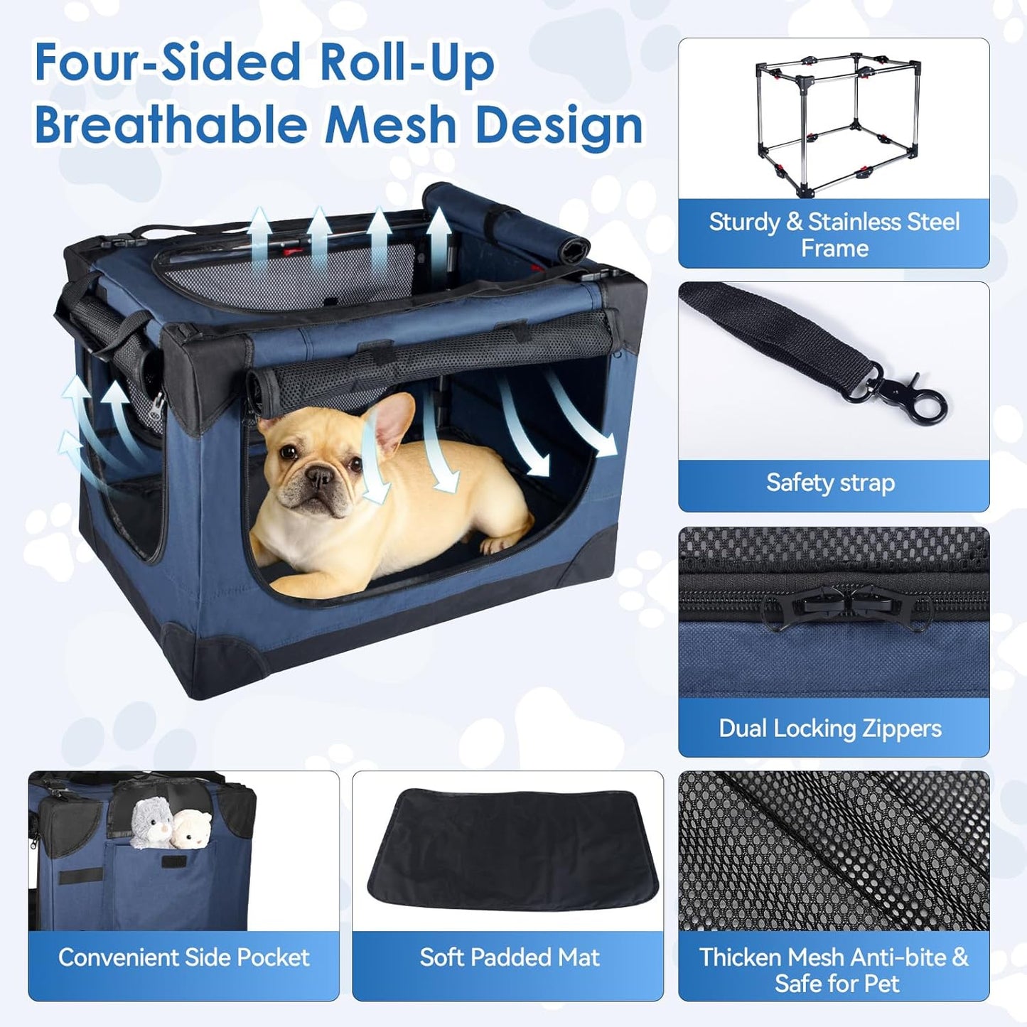 Soft Small Dog Crate - 24 inch Portable Travel Puppy Crate for Small Pets or 2 Cats, Collapsible Pet Carrier with 4 Mesh Doors, Car Kennel for Dogs with Handle for Indoor and Outdoor, Bule