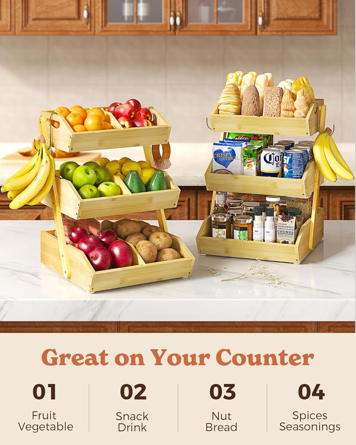 3 Tier Large Bamboo Fruit Basket for Kitchen Counter with 2 Banana Holders, Kitchen Countertop Organizer with Protective Mats, Tiered Fruit Bowl for Bread Snack Veggies with Dividers