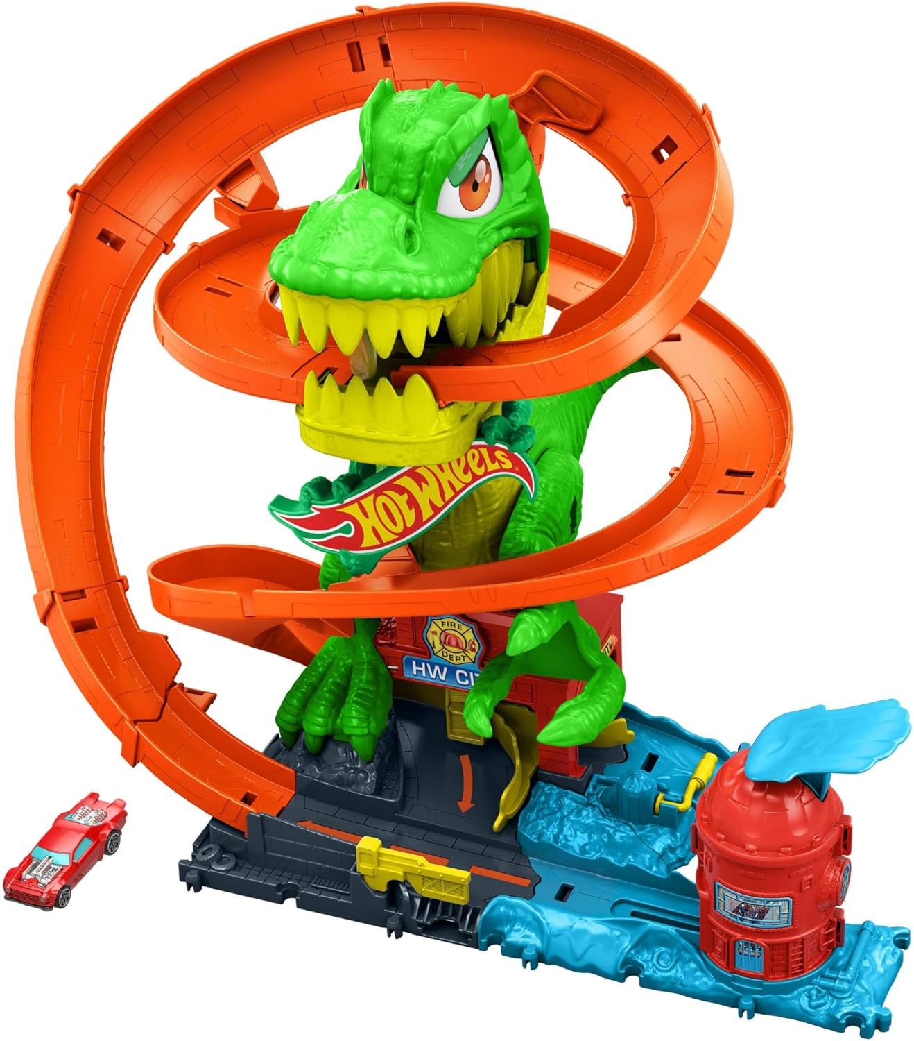 Hot Wheels Toy Car Track Set, City T-Rex Blaze Battle Playset & 1:64 Scale Die-Cast Vehicle, 18” Tall, Multiple Race Outcomes, Spinning Dinosaur Eyes