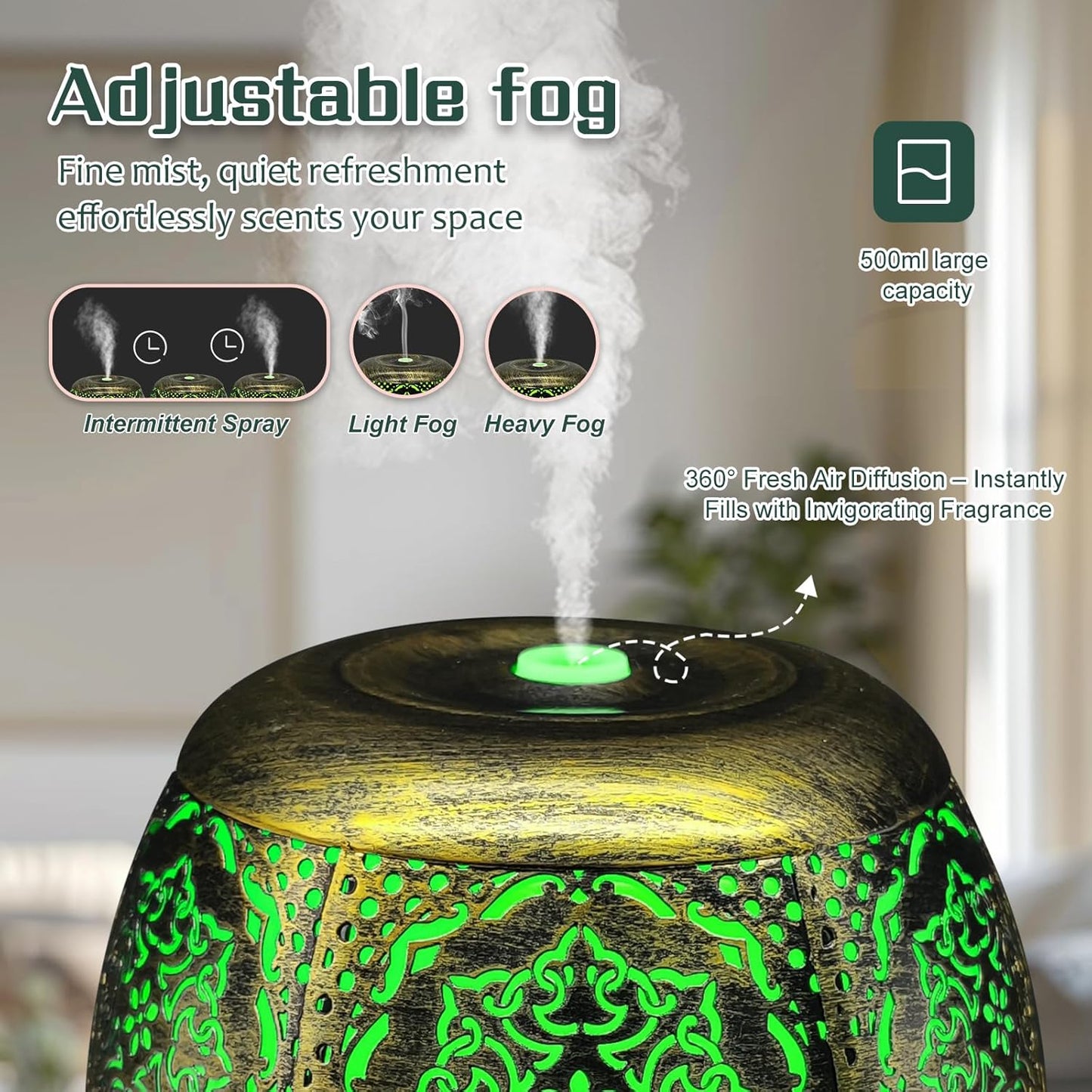 Essential Oil Diffuser for Home 500ML, Aromatherapy Diffusers for Essential Oils Large Room with Cool Mist Humidifiers for Bedroom 7 Colors Changed & 3 Mist Mode Automatic Shut-Off