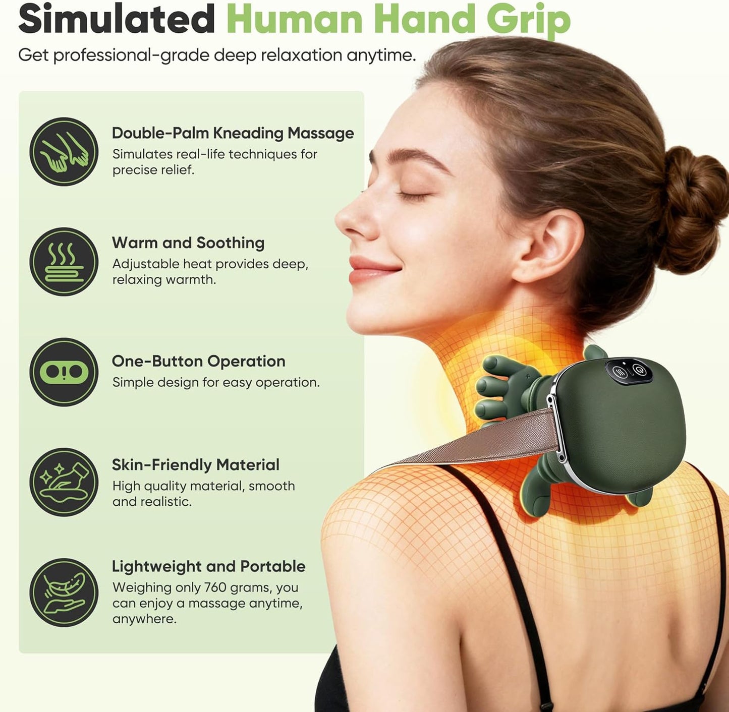 Shoulder and Neck Massager, Bionic Heated Massager, Neck Massager with Fingers, 4D Kneading Massage, Simulates a Real Palm Massage for Comfort, Relax Muscle Tension (Green)