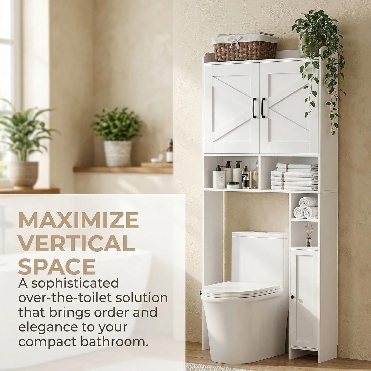Homhedy Over The Toilet Storage Cabinet with 2 Barn Door and Toilet Paper Holder Stand, FreeStanding Toilet Shelf Space Saver, for Bathroom, Restroom, Laundry, White