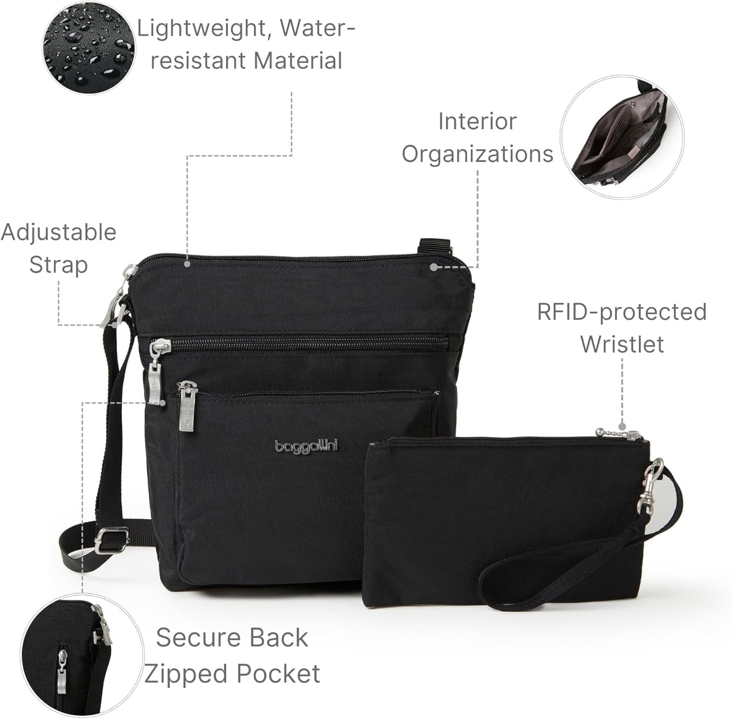 Baggallini Pocket Crossbody Bags for Women 8x8 Small Lightweight Durable Water-resistant Travel Purse W/Rfid