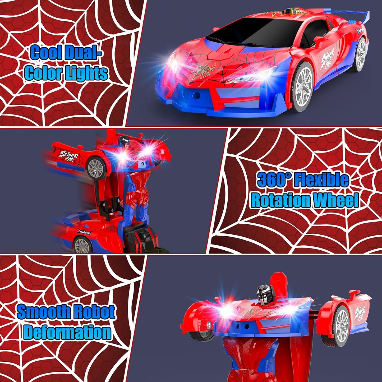 Spider Transform Remote Control Car Toys for Boys 4-7,2.4GHz RC Cars with Dual-Color Lights,Fast 360°Rotation,One-Click Deformation,Toys for 3 4 5 6 7 8 9 10 11 12 Year Old Boys