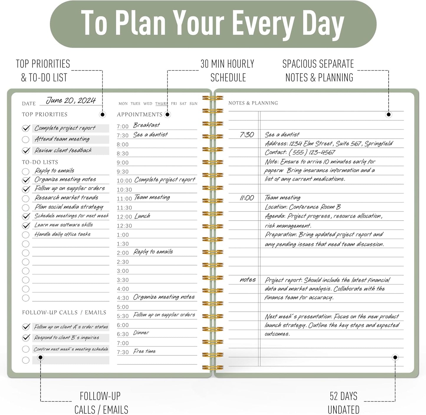 Daily Planner Undated - Simplified To Do List Notebook with Hourly Schedules, Spiral Appointment Organizer, 5.5" x 8.5", Easily Manage Your Tasks and Productivity - Green