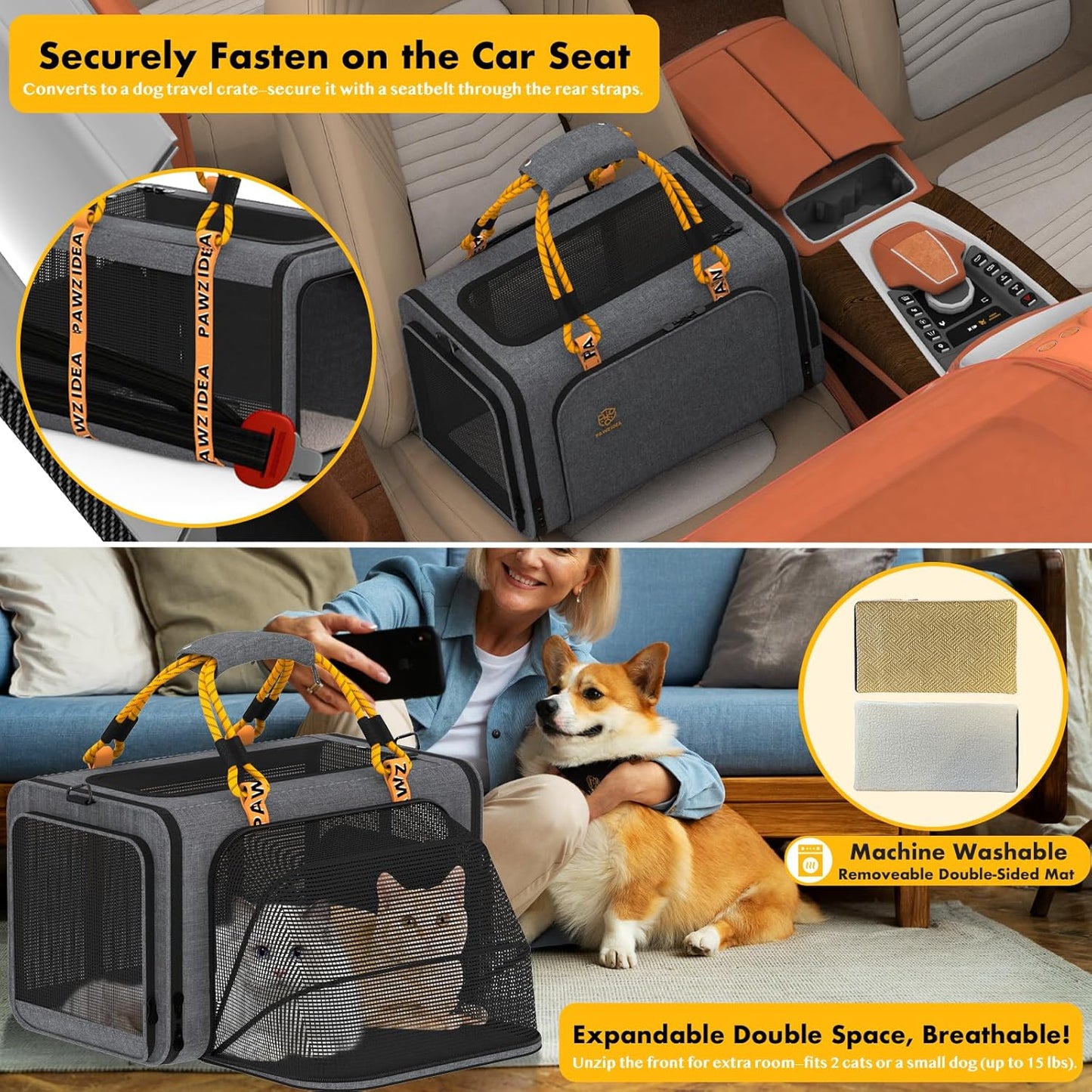 PAWZIDEA Expandable Pet Carrier Airline Approved, 18"×11"×11" Small Dog Carriers, Collapsible Top-Load Cat Carrier for 2 Cats Under Seat, Soft-Sided Puppy & Animal Travel Bag, ID Card, Up to 15lbs
