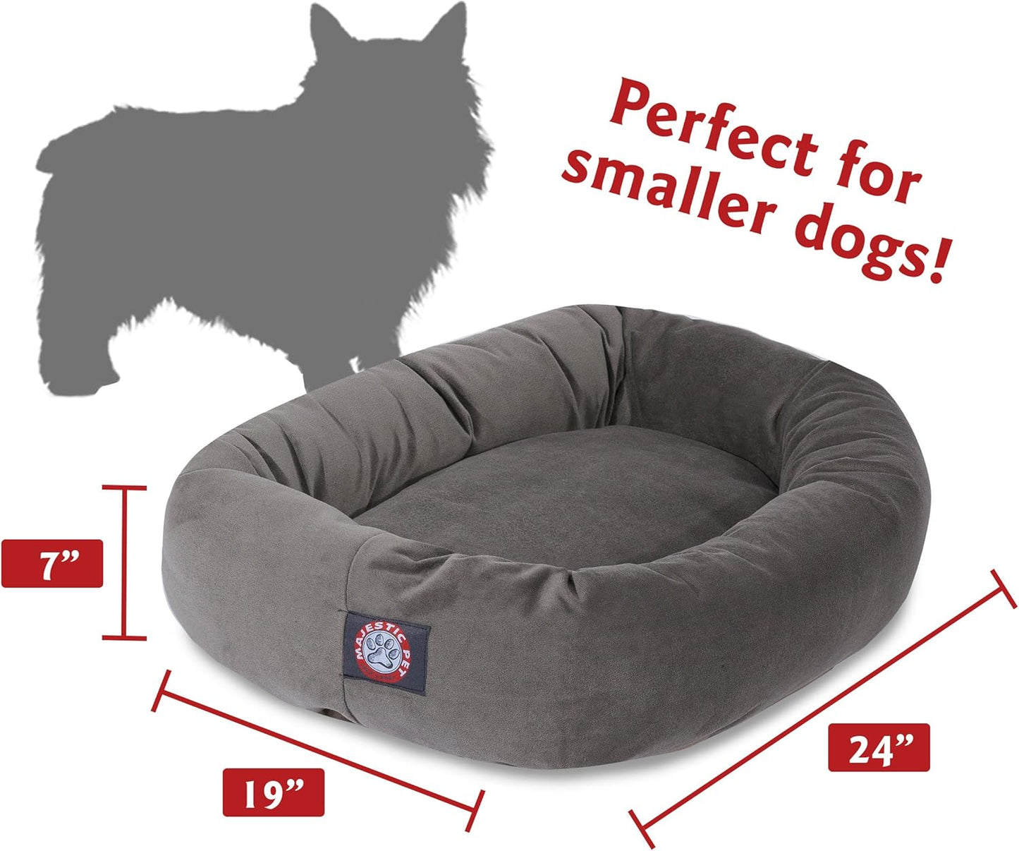 Majestic Pet 24-Inch Calming Donut Dog Bed – Small Washable Round Pet Bed with Suede Fabric – Orthopedic Spine Support for Head & Neck – Soft Fluffy Cuddler for Small Dogs & Cats, 24x19x7, Gray