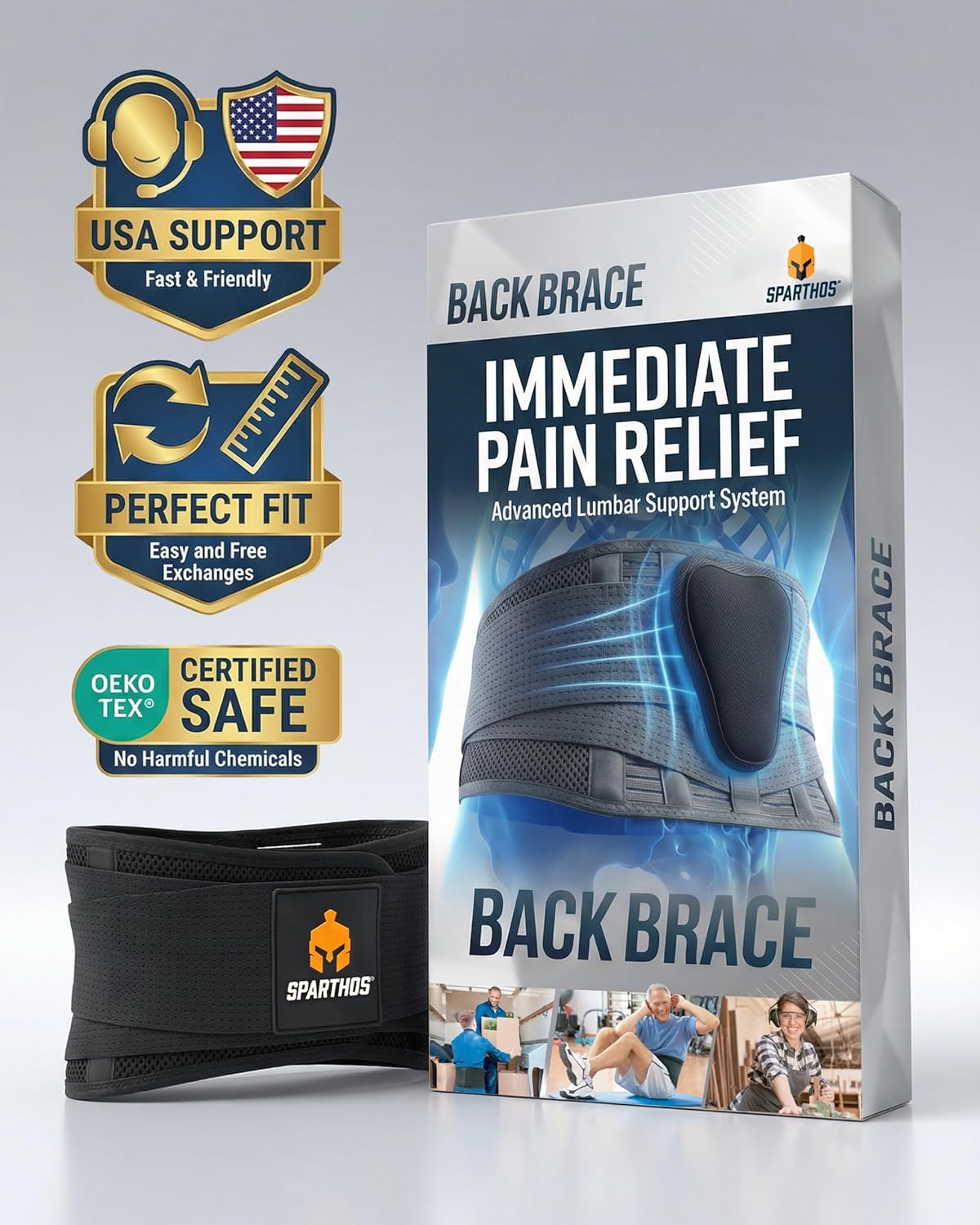 Sparthos Back Brace for Lower Back Pain - Immediate Relief from Sciatica, Herniated Disc, Scoliosis - Breathable Design With Lumbar Support Pad - For Home & Lifting At Work, For Men & Women - Medium