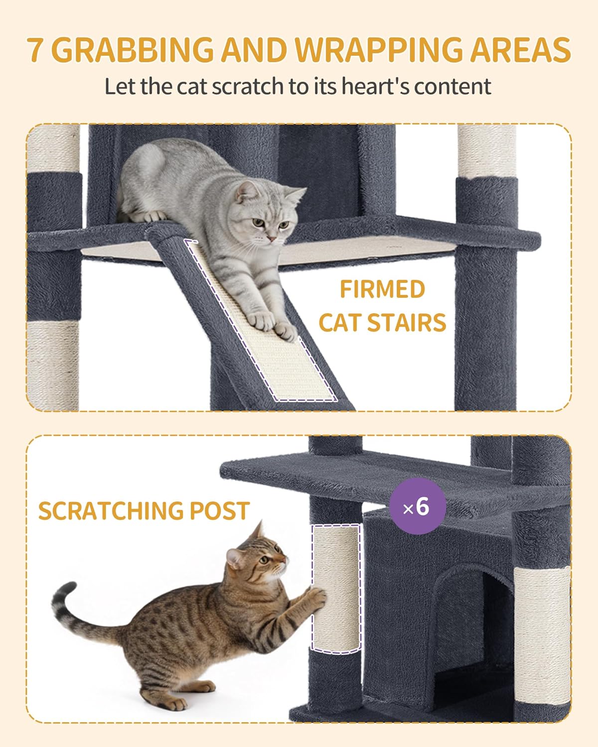 Large Cat Tree, 72 Inch Tall Indoor Cat Tower for 6 Large Cats, Corner Climbing Activity Pet Condo with 2 Large Platforms/2 Cats House/6 Scratching Post/1 Hanging Basket, Dark Gray MS18318SG