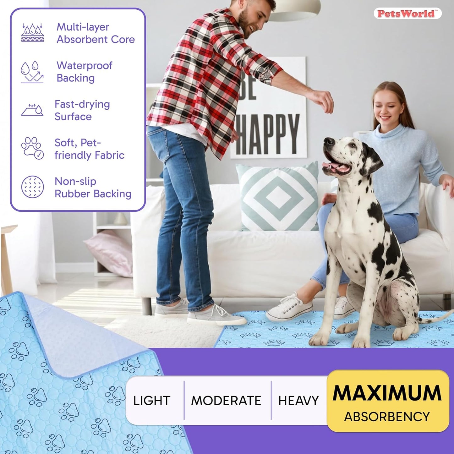 PETSWORLD Washable Reusable Dog Pee Pads (Pack of 4) – 34” x 36” Training Pads with Non-Slip Backing - Waterproof, Leakproof, Highly Absorbent Pet Pads for Puppies & Dogs