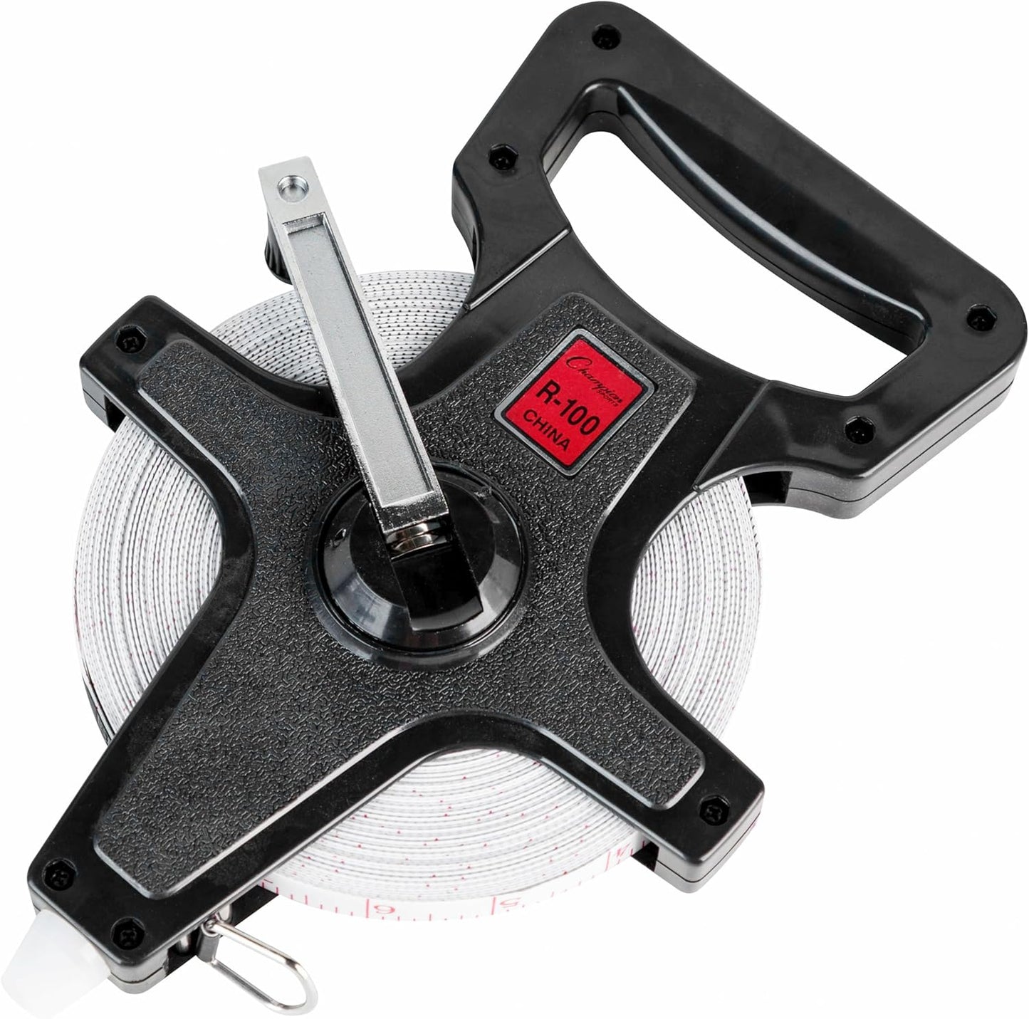 Champion Sports Open Reel Measuring Tapes – Durable Hand Crank with Metal Spike, Dual-Sided Feet & Meters, Perfect for Track & Field and Long Jump, 100 ft/30 meters