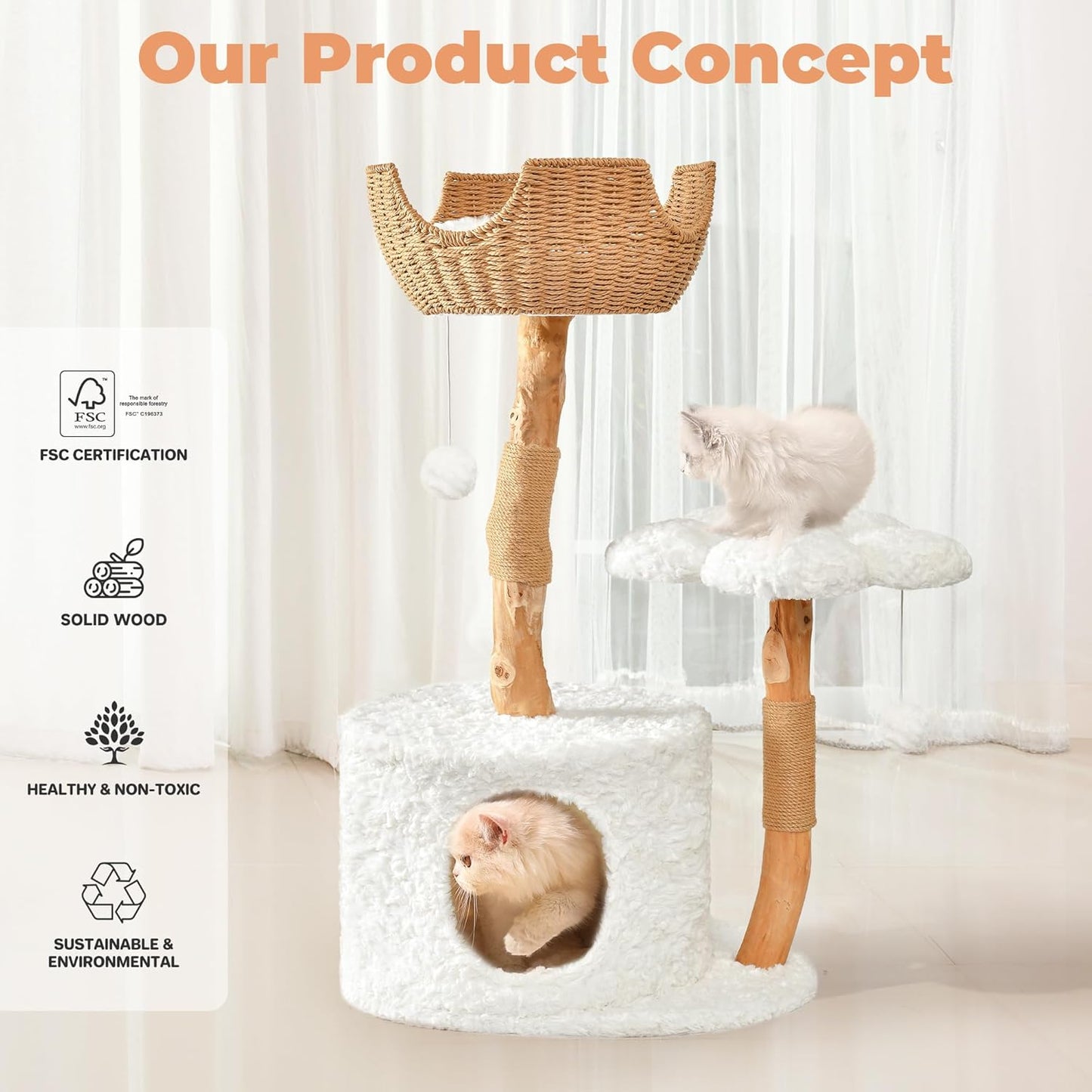 Easyego Modern Cat Tree, 39.3" Aesthetic Wood Cat Tree Tower for Large Cats, Luxury Cat Condo with Scratching Posts and Flower Platforms, Cat Furniture, White