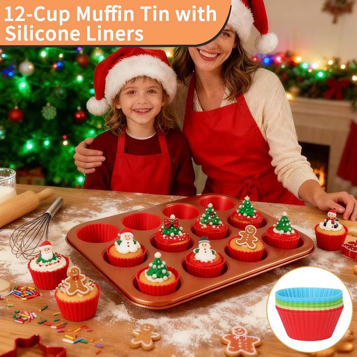 Baking Pans Set 6-Pieces, Non Stick Bakeware Set Stackable, with Cookie Sheet, Muffin, Round/Square Cake Pan, Loaf Pan, Rack, Oven Mitt for Home Baker, Gold