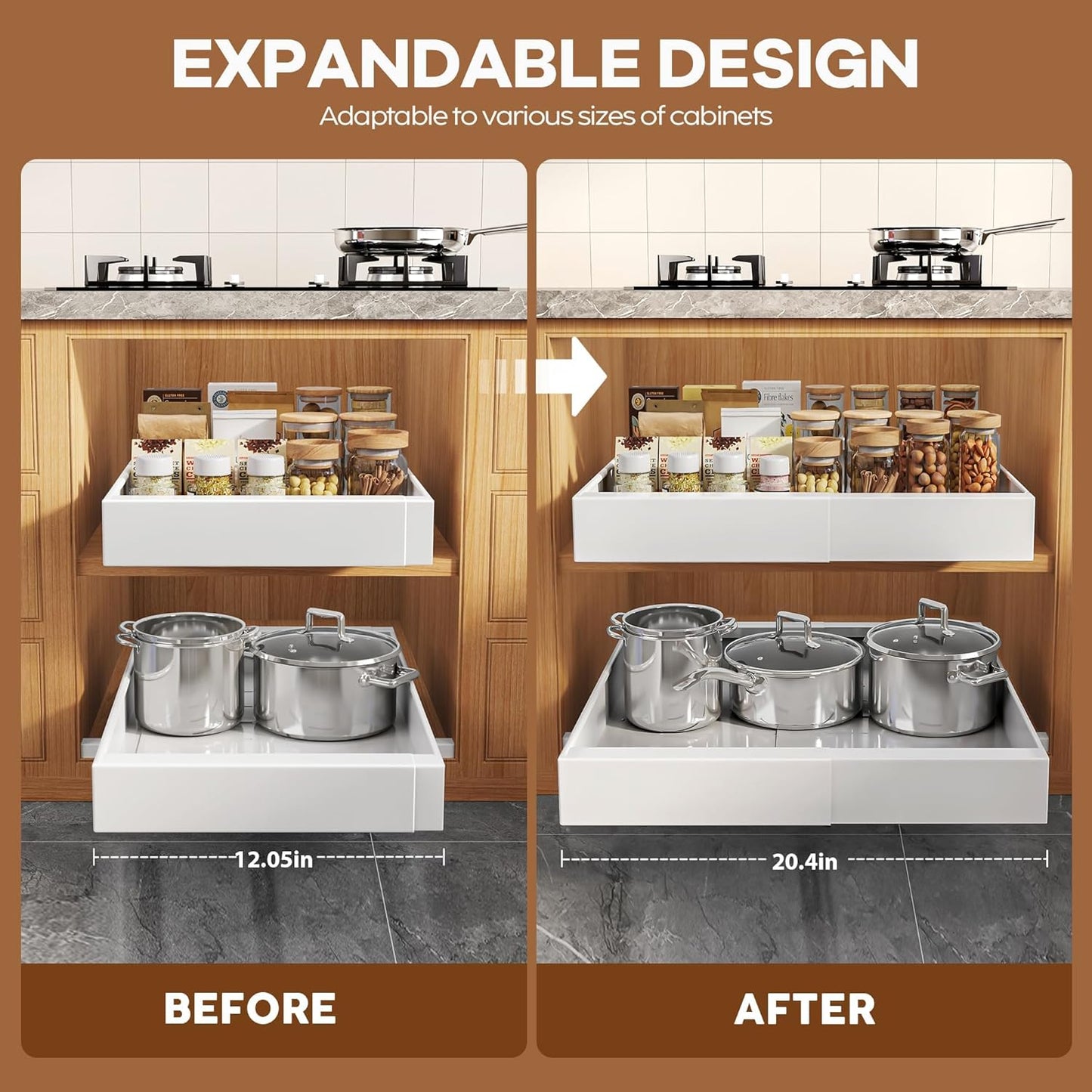 2Pack Expandable Pull Out Cabinet Organizer 21"Deep With Raising Pad for Framed Cabinets, Upgrade 3 Slide Rails Slide Out Drawers, Roll Out Shelves Adhesive,Adjustable Width 12.05"-20.4"White