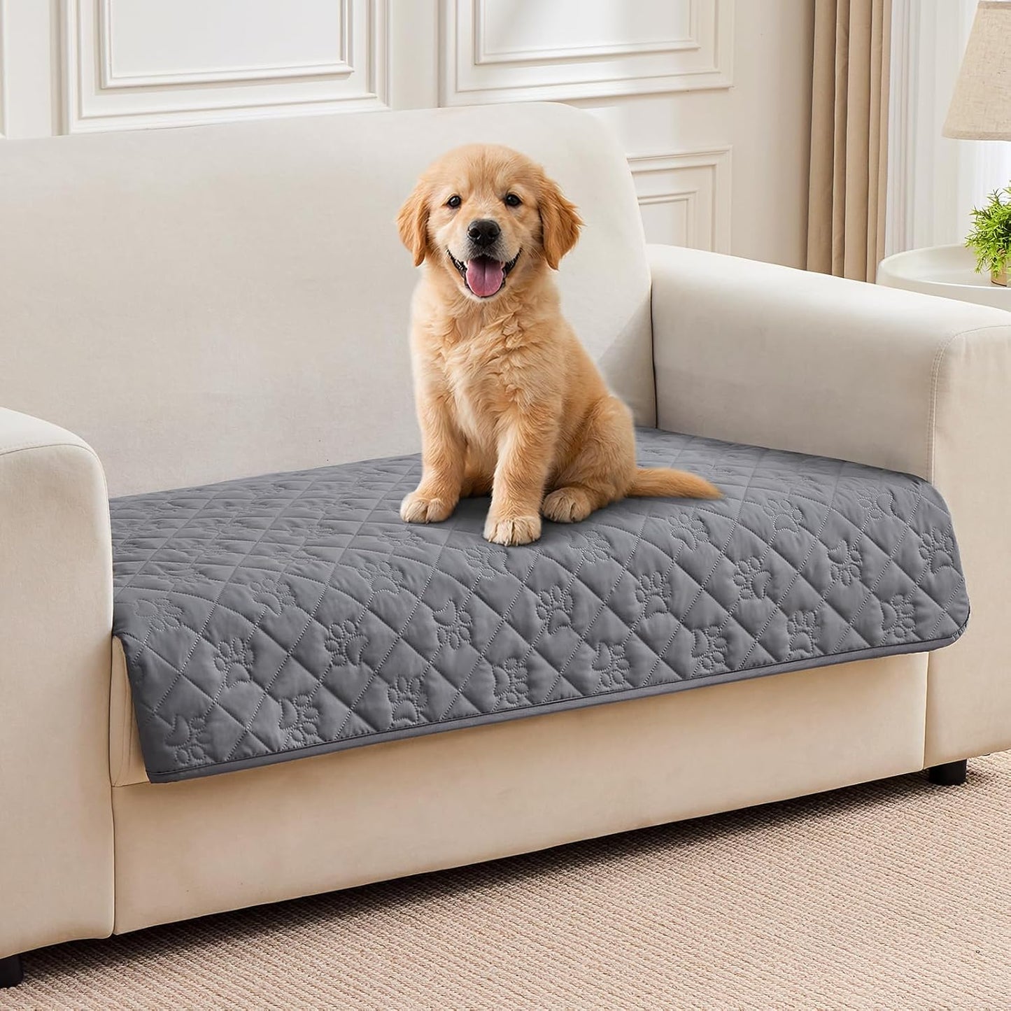 Waterproof Loveseat Couch Cover for Dogs, Paw Print Quilted Blanket for 2 Seat Sofa & Bed, Pet Hair Resistant, Pet-Friendly, Washable, Scratch Proof Furniture Protector, 32x53 inch, Grey