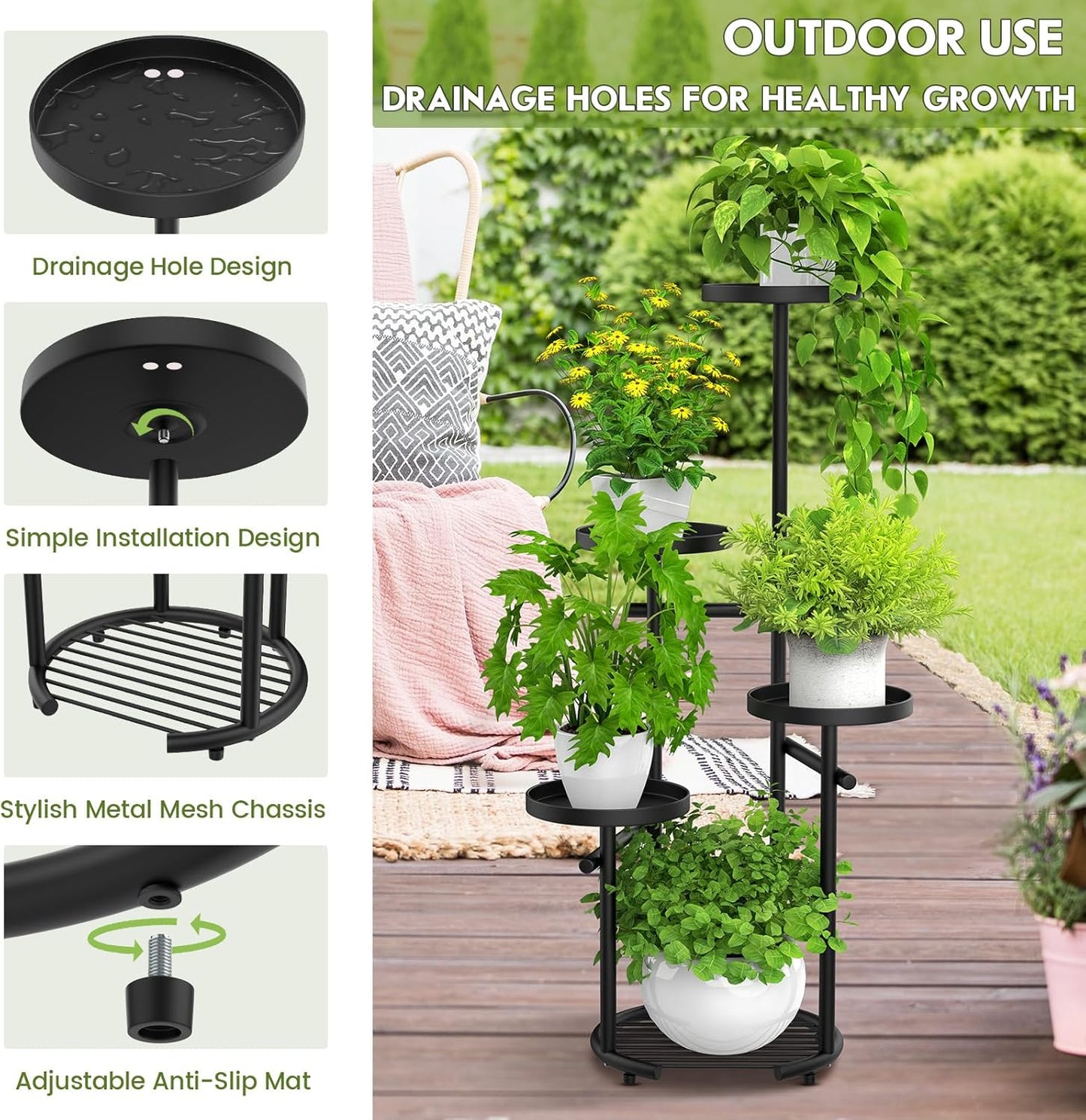 TOSKING 5-Tier Tall Plant Stand Indoor & Outdoor, Anti-Tip Round Base for Pots, Child and Pet Friendly, Heavy Duty Corner Shelf for Multiple Plants, Space-Saving Design for Living Room Balcony Garden (Black, 38in)