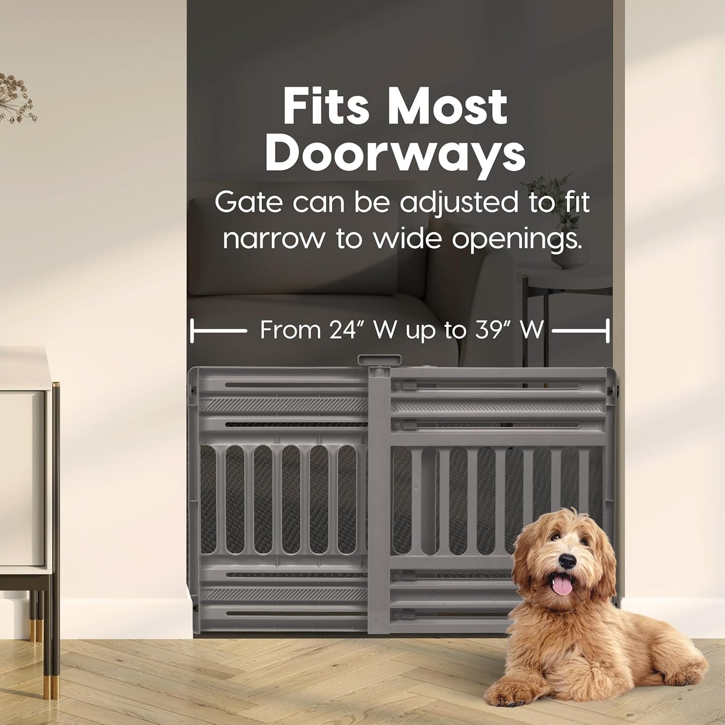 IRIS USA 24"-39" Dog Gate, Adjustable Indoor Pet Barrier, Pet Gate for Puppy, Small Dog, Cat, Easy Twist-to-Lock for Doorways & Stairs, Portable, Expandable, 25" Tall, Gray