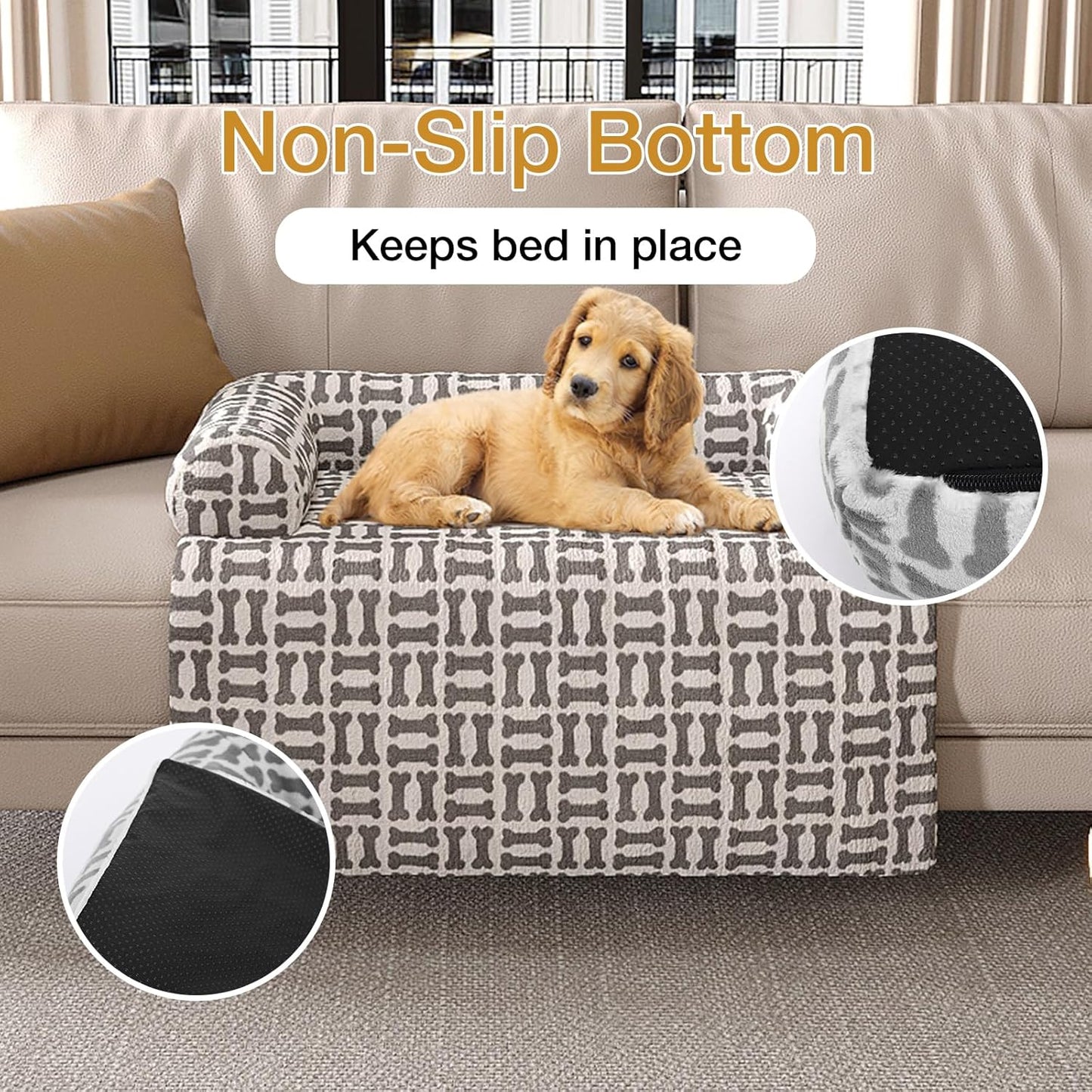 Orthopedic Dog Bed for Large Dogs, Washable Sofa Protector Pet Bed with 3-Sided Bolster, Shredded Memory Foam & Plush Support, Non-Slip Bottom for Medium & Small Dogs (Grey)