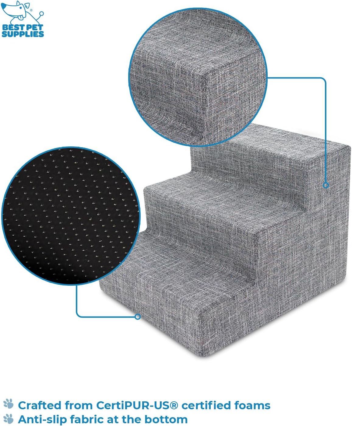 Best Pet Supplies Dog Stairs & Steps - Foam Steps for Small Dogs & Cats, Non-Slip Indoor Balanced Pet Step Support, Dog Ramp, No Assembly, Ash Gray Linen, 3-Step (13.5-inch Height)