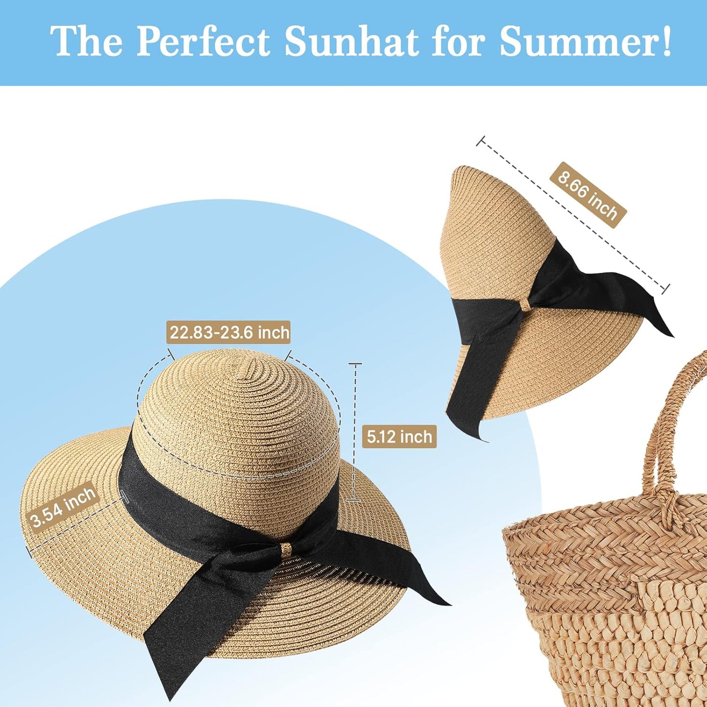Beach Sun Straw Hats for Women, UPF 50+ UV Sun Protection Wide Brim Summer Straw Hat Foldable Packable Roll up Cap