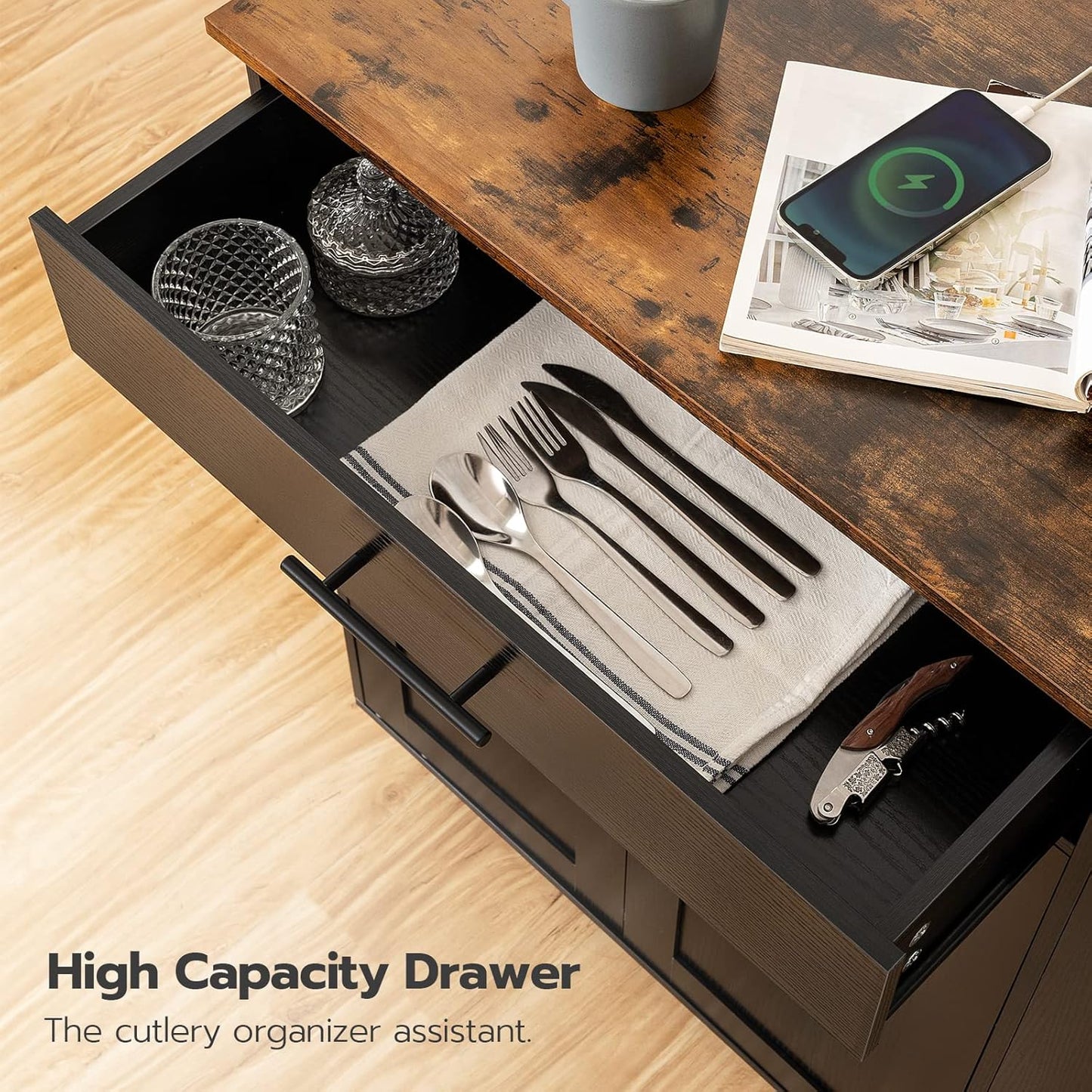 HOOBRO Kitchen Island with Power Outlet, Storage Island with Spice Rack and Drawer, Rolling Kitchen Cart on Wheels, for Home, Dining Room, Rustic Brown and Black