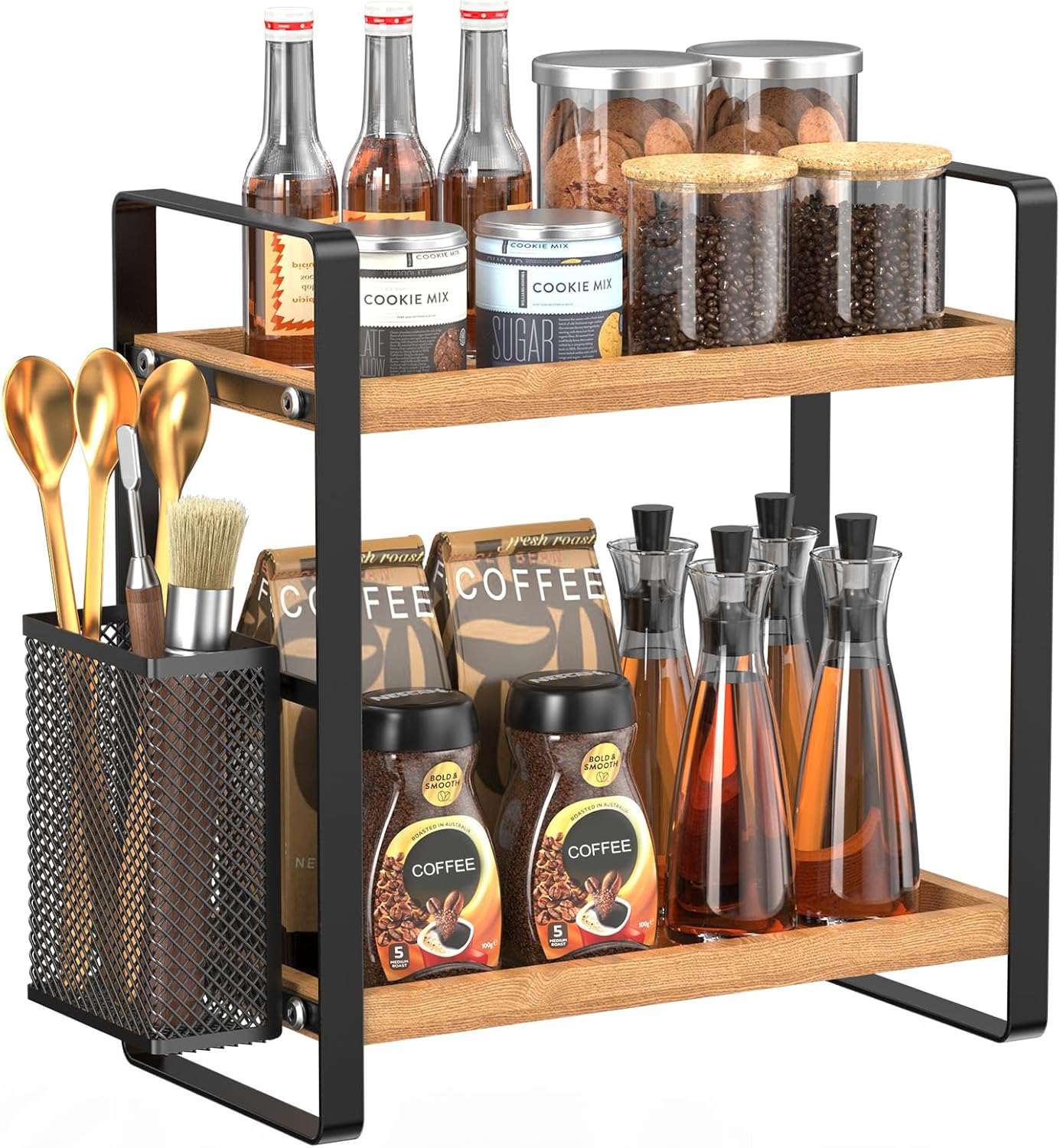LEMIKKLE 2-Tier Wood Coffee Bar Organizer With Basket,Kitchen organizers and storage,Spice Rack Organizer for Countertop,Kitchen