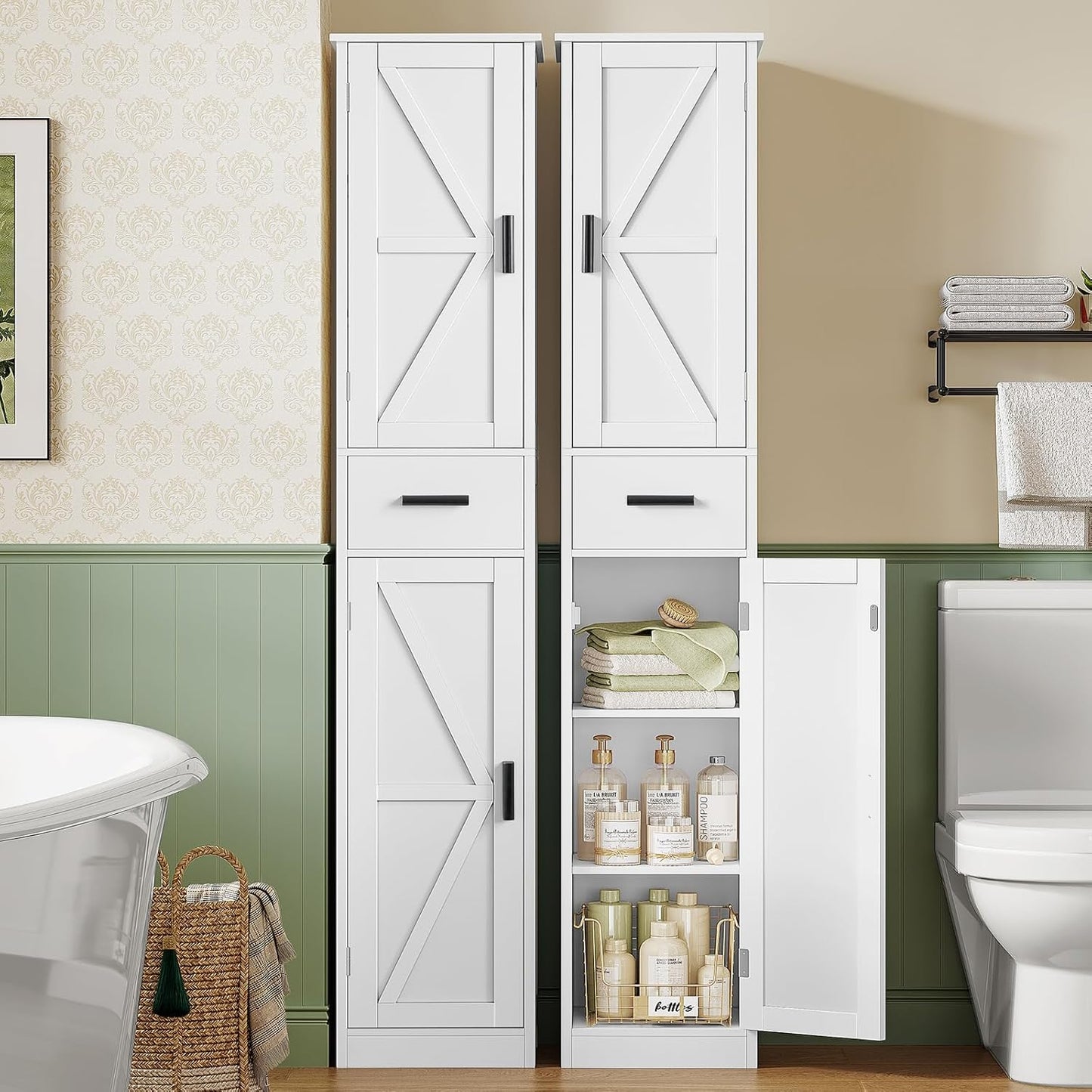 WEENFON 67 Tall Bathroom Cabinet with 6 Shelves & 1 Drawer, Narrow Storage Cabinet with Adjustable Shelves, Silm Cabinet for Living Room, Kitchen, White