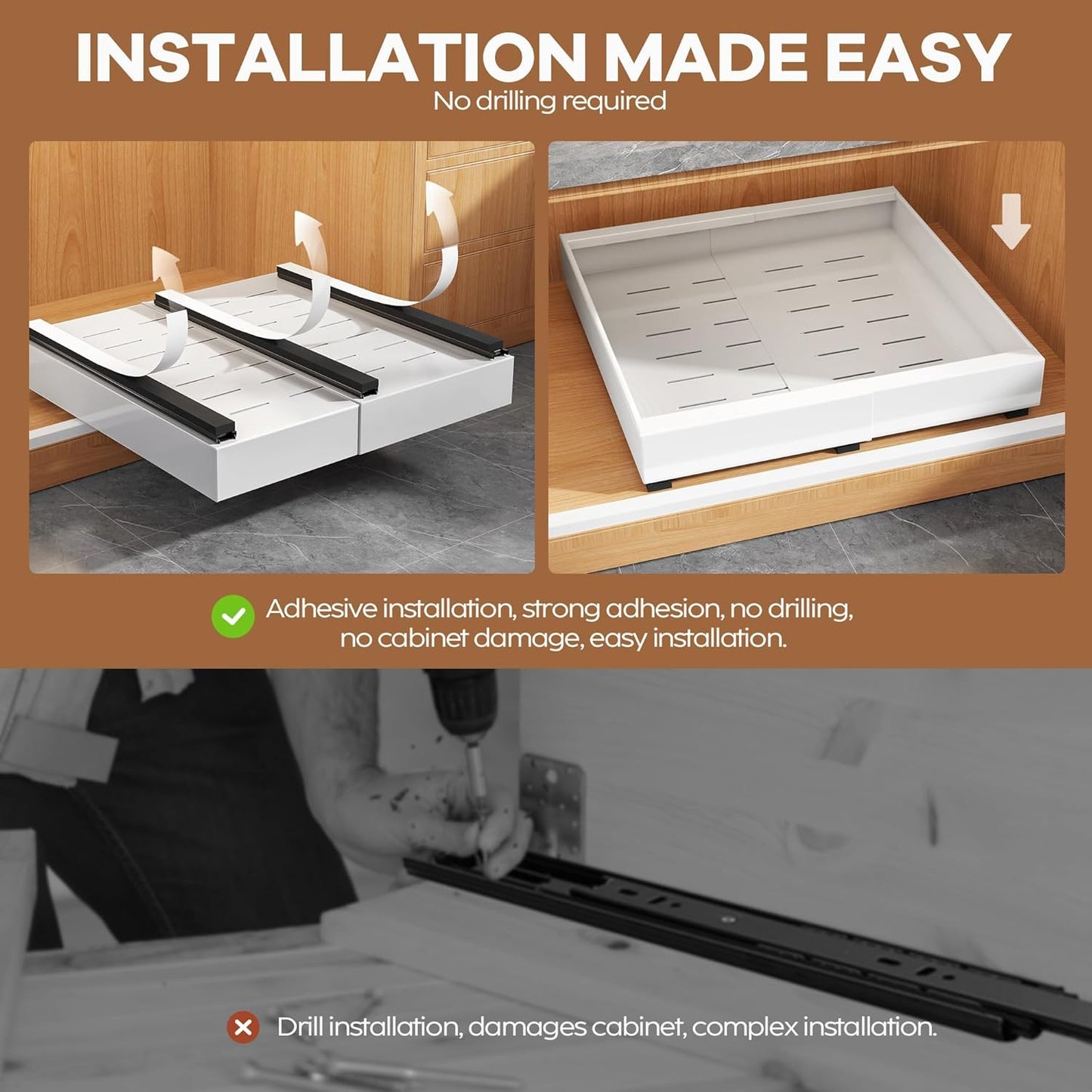 2Pack Expandable Pull Out Cabinet Organizer 21"Deep With Raising Pad for Framed Cabinets, Upgrade 3 Slide Rails Slide Out Drawers, Roll Out Shelves Adhesive,Adjustable Width 12.05"-20.4"White