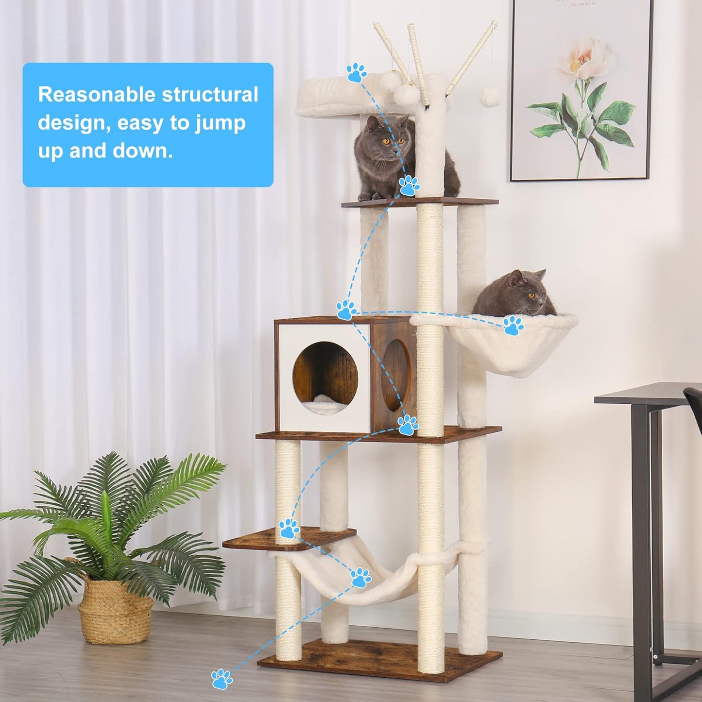 Hey-brother Wooden Cat Tree, 66.1“ Cat Furniture with Scratching Posts, Modern Cat Tower with hammocks, Toys, cat condo, Rustic Brown MPJ120SR