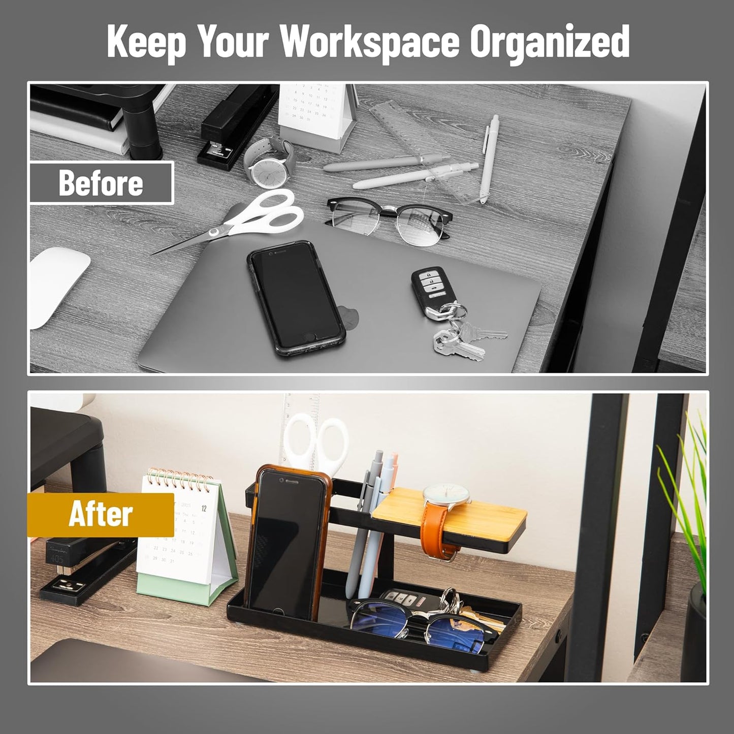 Mind Reader Desktop Organizer, Steel and Wood Desktop Dock, Catchall Tray for Phone, Wallet, Watch, Keys, Black