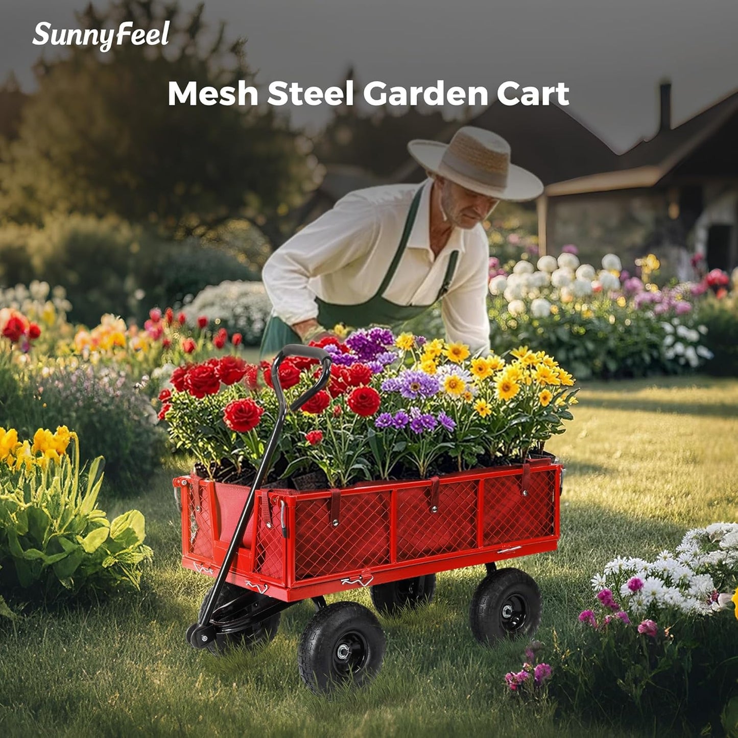 SUNNYFEEL 500 Lbs Capacity Heavy Duty Mesh Steel Garden Cart,Folding Utility Wagon with Removable Side Nets, Non-Slip Rubber Base, Red,Upgraded Version