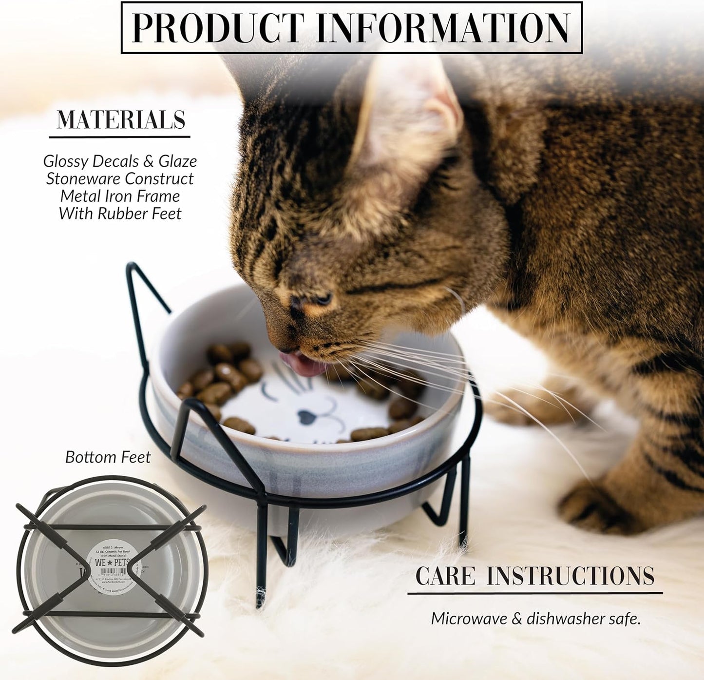 Pavilion Gift Company - Meow - Kitty Cat Kitten Feline 13 oz Food Water Meal Time Ceramic Stoneware Dish Bowl With Metal Iron Stand Pet Accessories Whisker Friendly Indoor Outdoor Easy To Clean