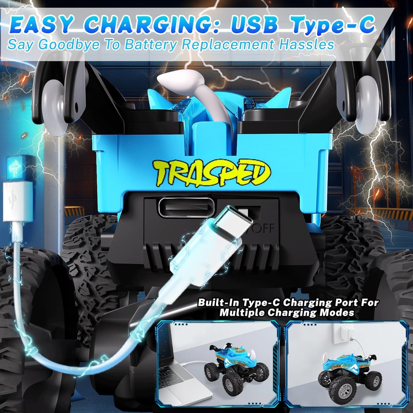 Gohero 1:64 Monster Trucks Toys, 2.4GHz Mini Remote Control Car for Boys 4-7, 360° Spin & Walk Upright ，Little Blue Truck Metal Shell & RGB Light，Boys Toys 6-8 Years Old ，Christmas& Birthday Gifts