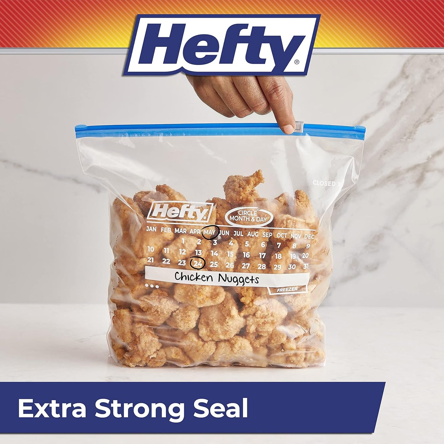Hefty Calendar Slider Gallon Freezer Bags, 25 Count (Pack of 4), Gallon Slider Bags for Freezer with Calendar Dates, Holds Raw Meat, Soups, Fruits and Veggies, and More, Secure Zip and Click Closure