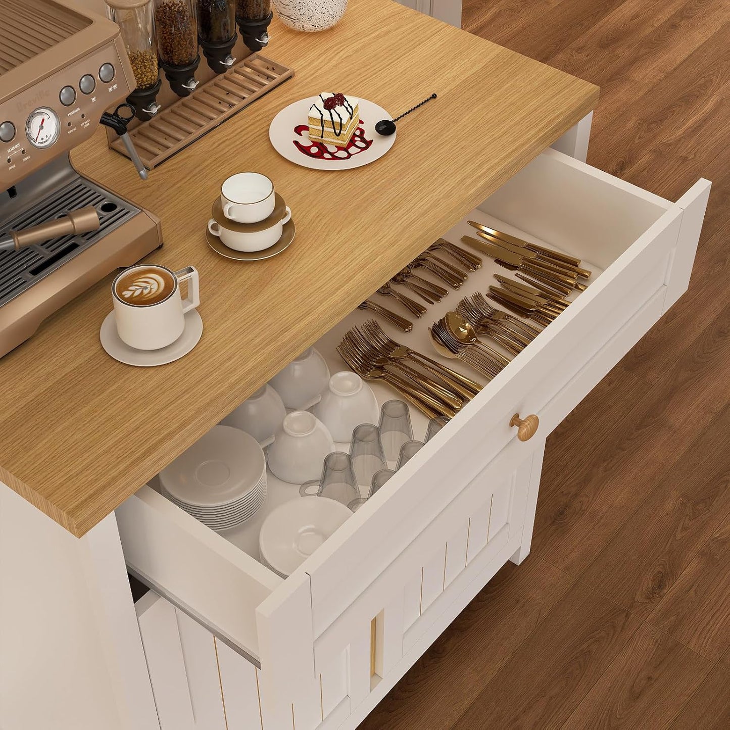 Storage Cabinet,Coffee Bar Cabinet, Kitchen Storage Cabinet, Modern Farmhouse Buffet Sideboard with Drawer, for Kitchen, Dining Room, Entryway（White）